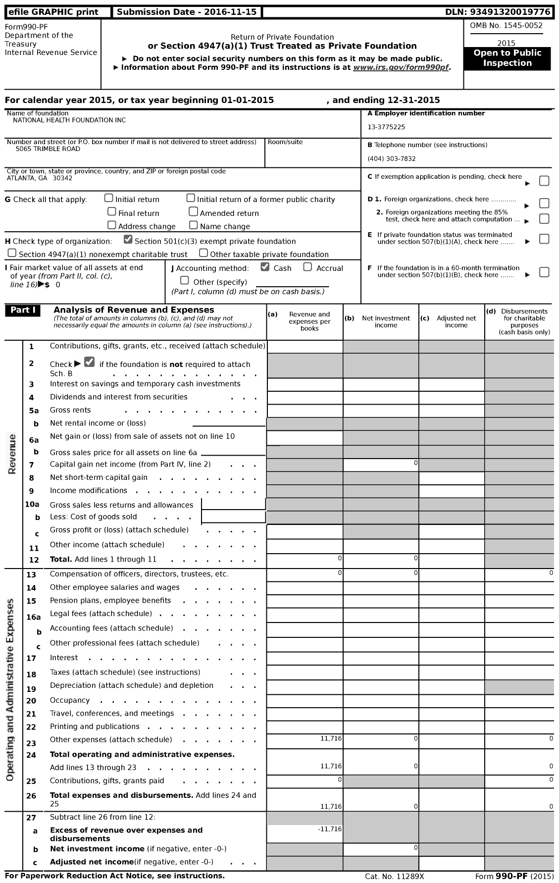 Image of first page of 2015 Form 990PF for National Health Foundation