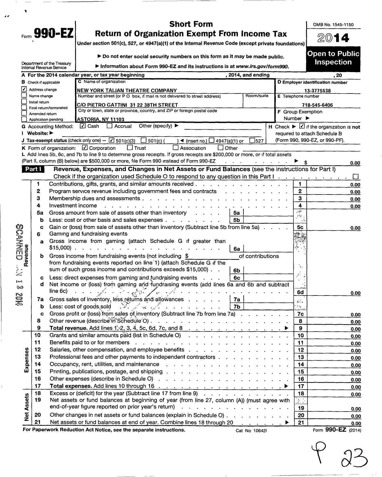 Image of first page of 2014 Form 990EZ for New York Italian Theatre Company Pietro Gattini