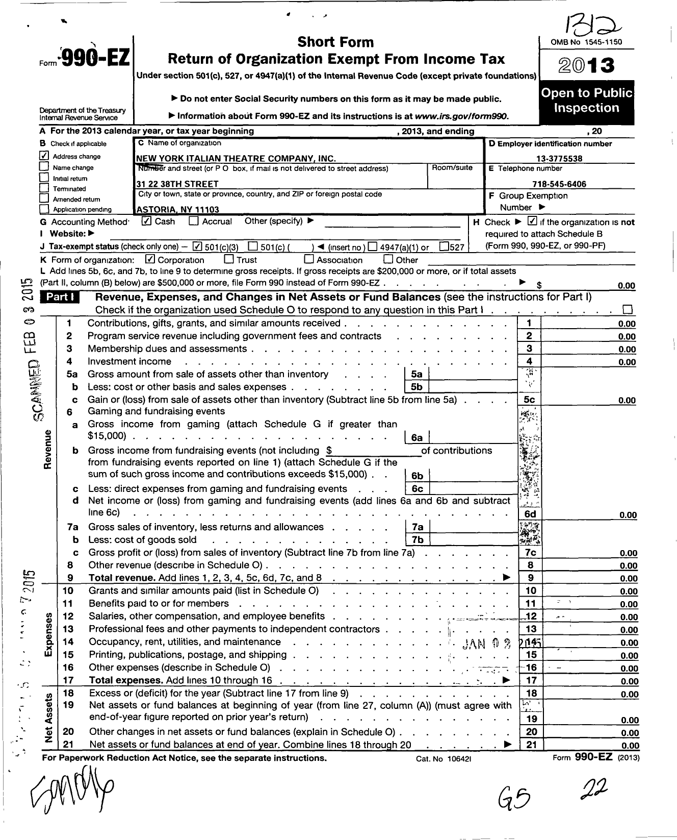 Image of first page of 2013 Form 990EZ for New York Italian Theatre Company Pietro Gattini