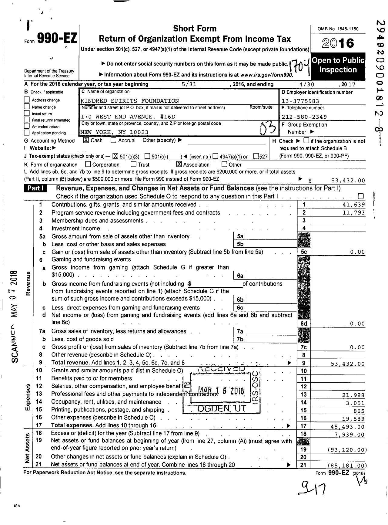 Image of first page of 2016 Form 990EZ for Kindred Spirits Foundation