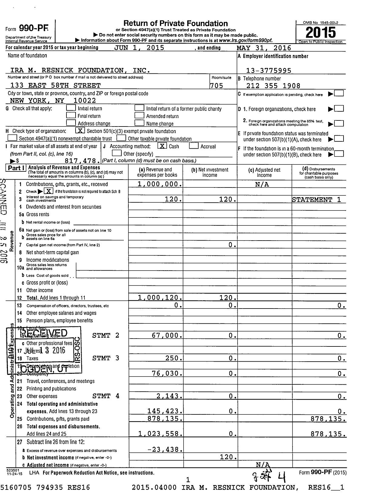 Image of first page of 2015 Form 990PF for Ira M Resnick Foundation