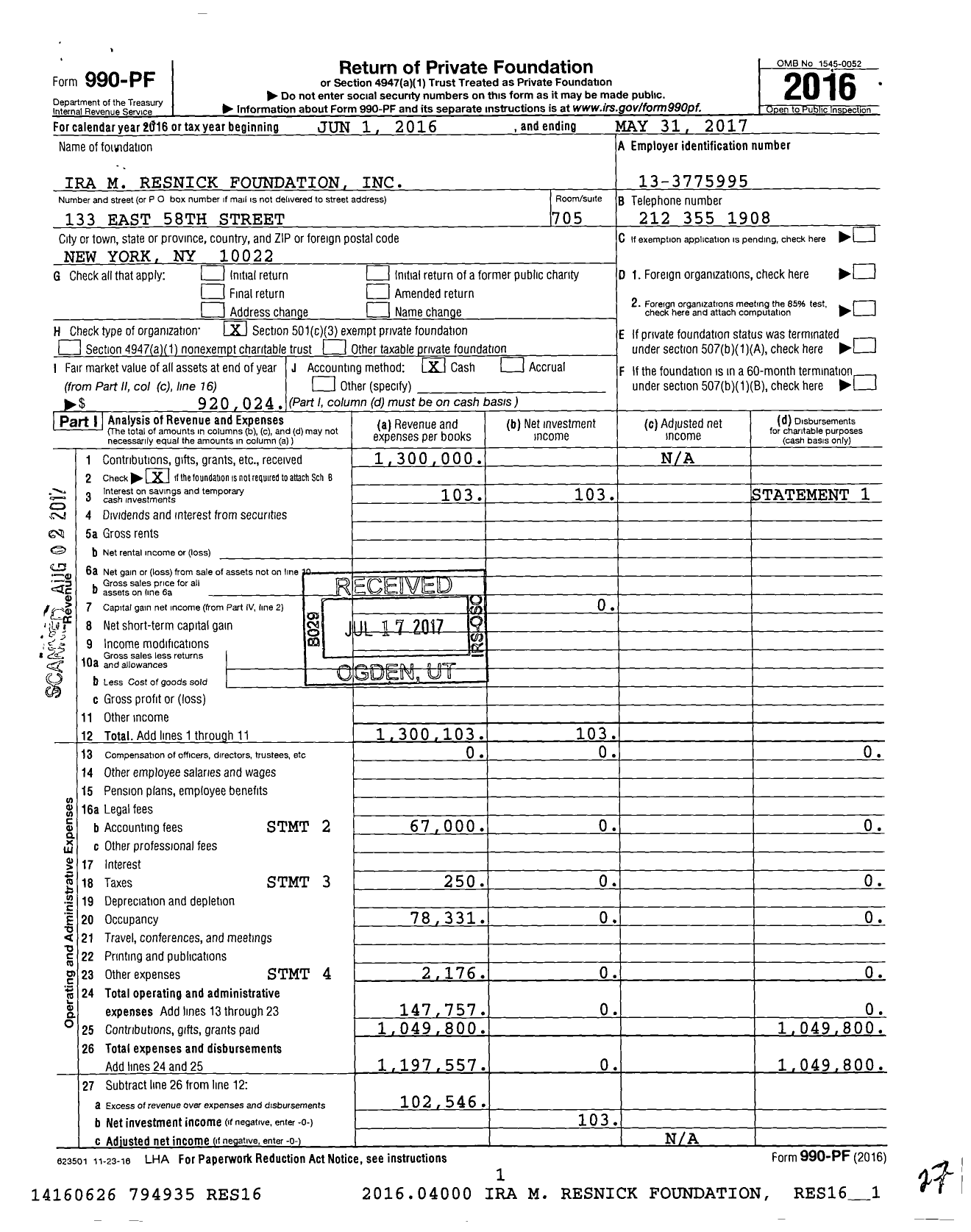 Image of first page of 2016 Form 990PF for Ira M Resnick Foundation