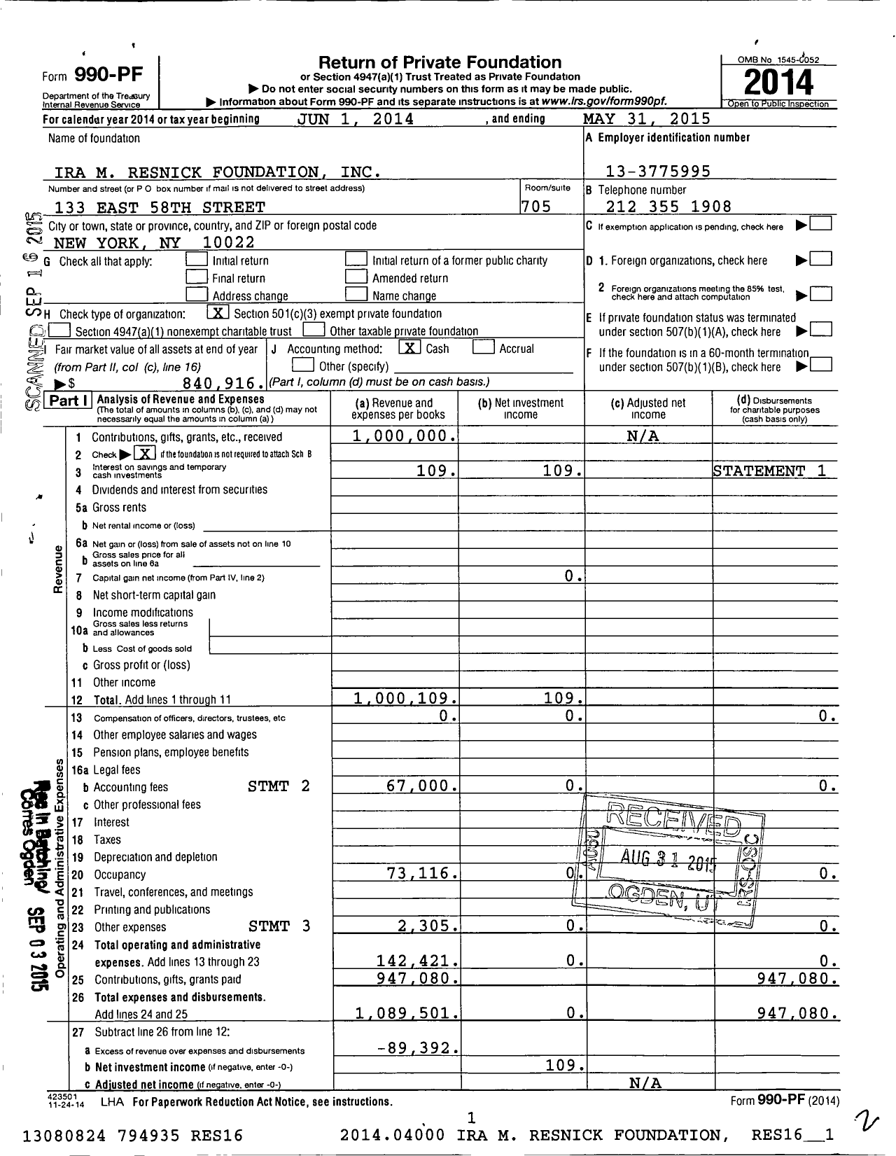 Image of first page of 2014 Form 990PF for Ira M Resnick Foundation