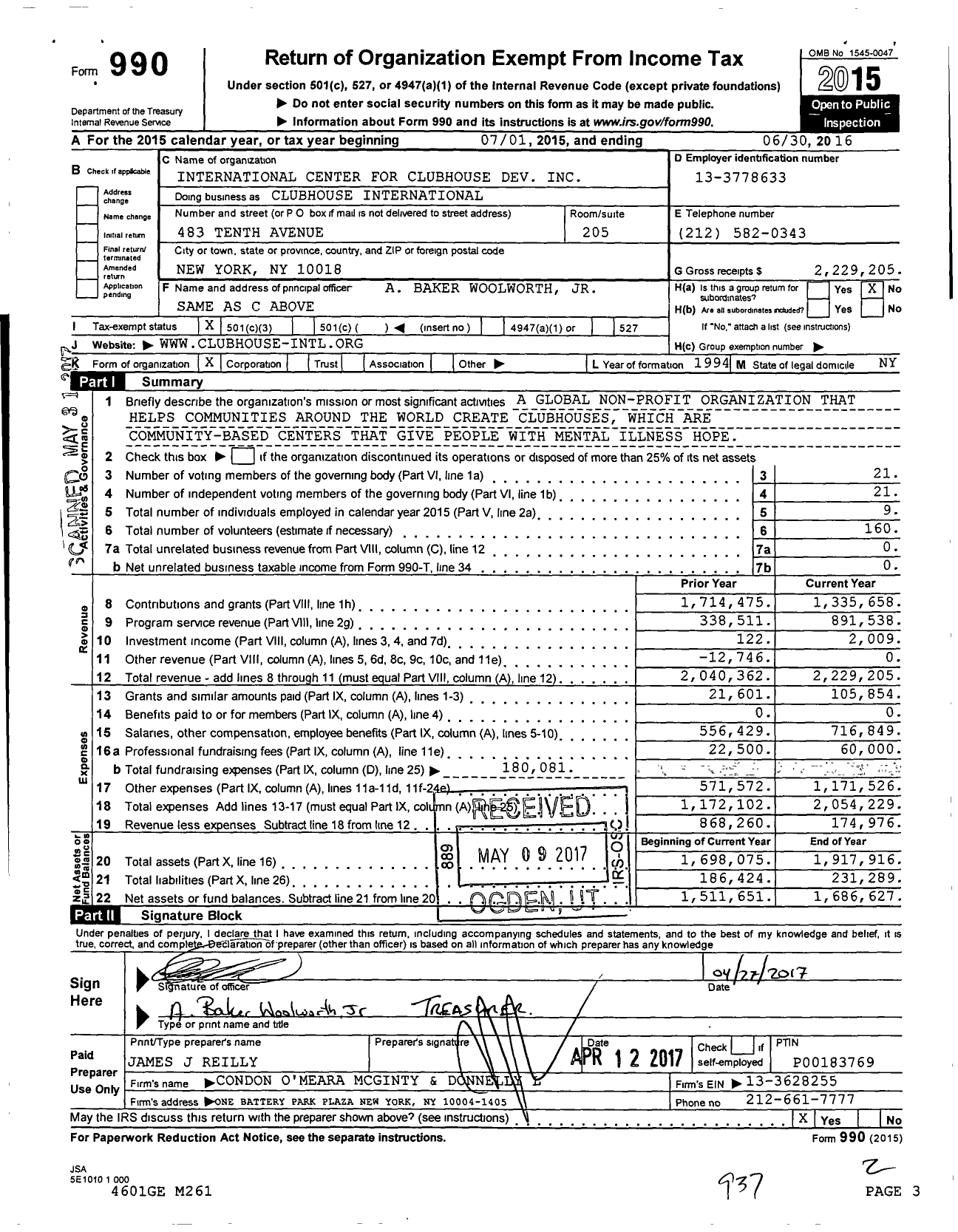 Image of first page of 2015 Form 990 for Clubhouse International / International Center for Clubhouse Development Inc