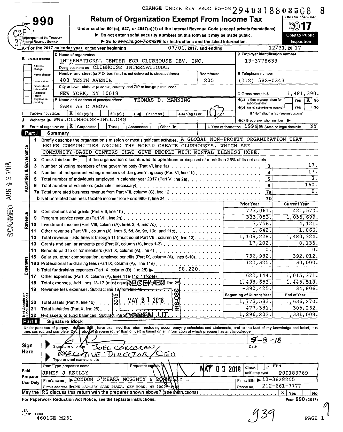 Image of first page of 2017 Form 990 for Clubhouse International / International Center for Clubhouse Development Inc