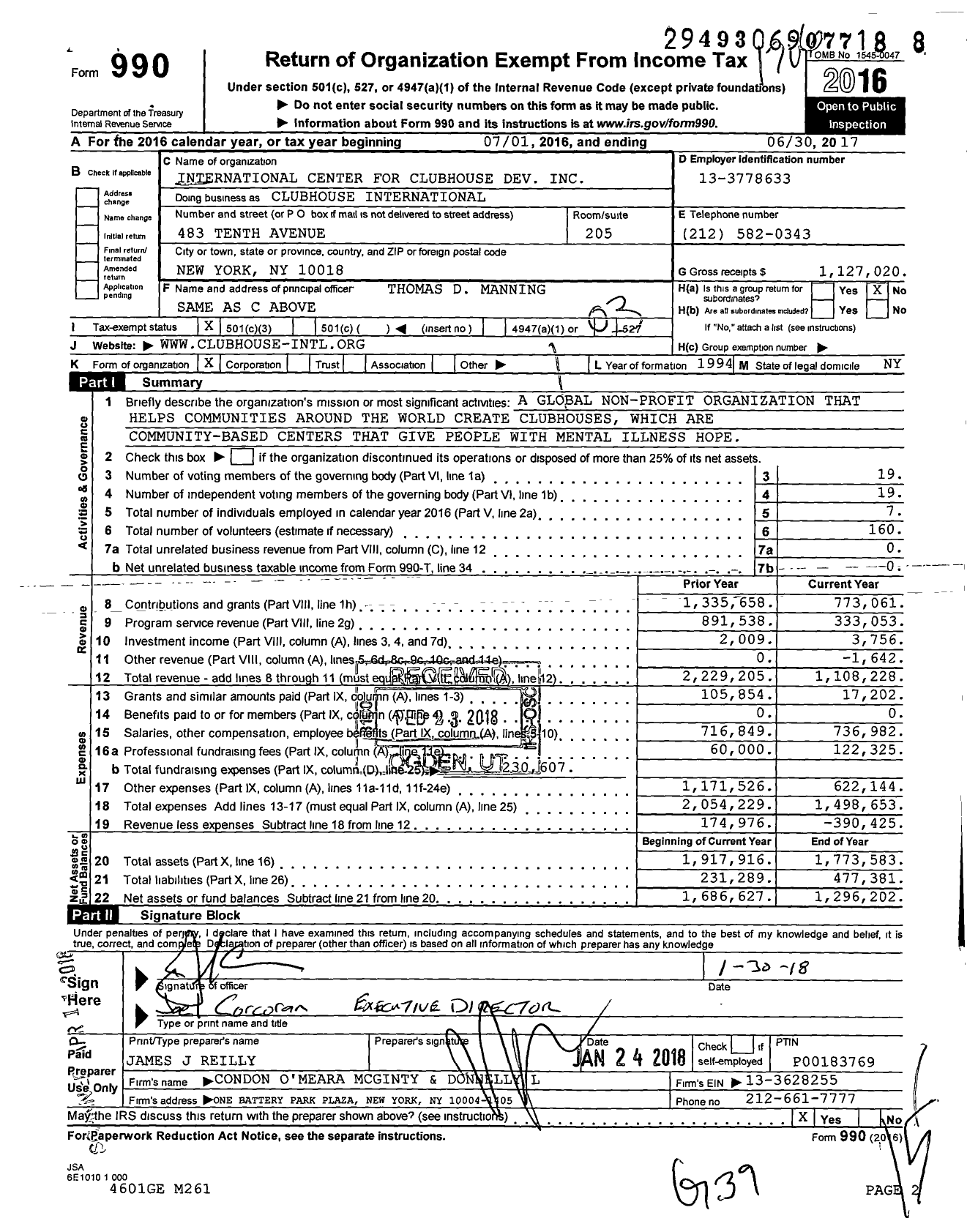 Image of first page of 2016 Form 990 for Clubhouse International / International Center for Clubhouse Development Inc