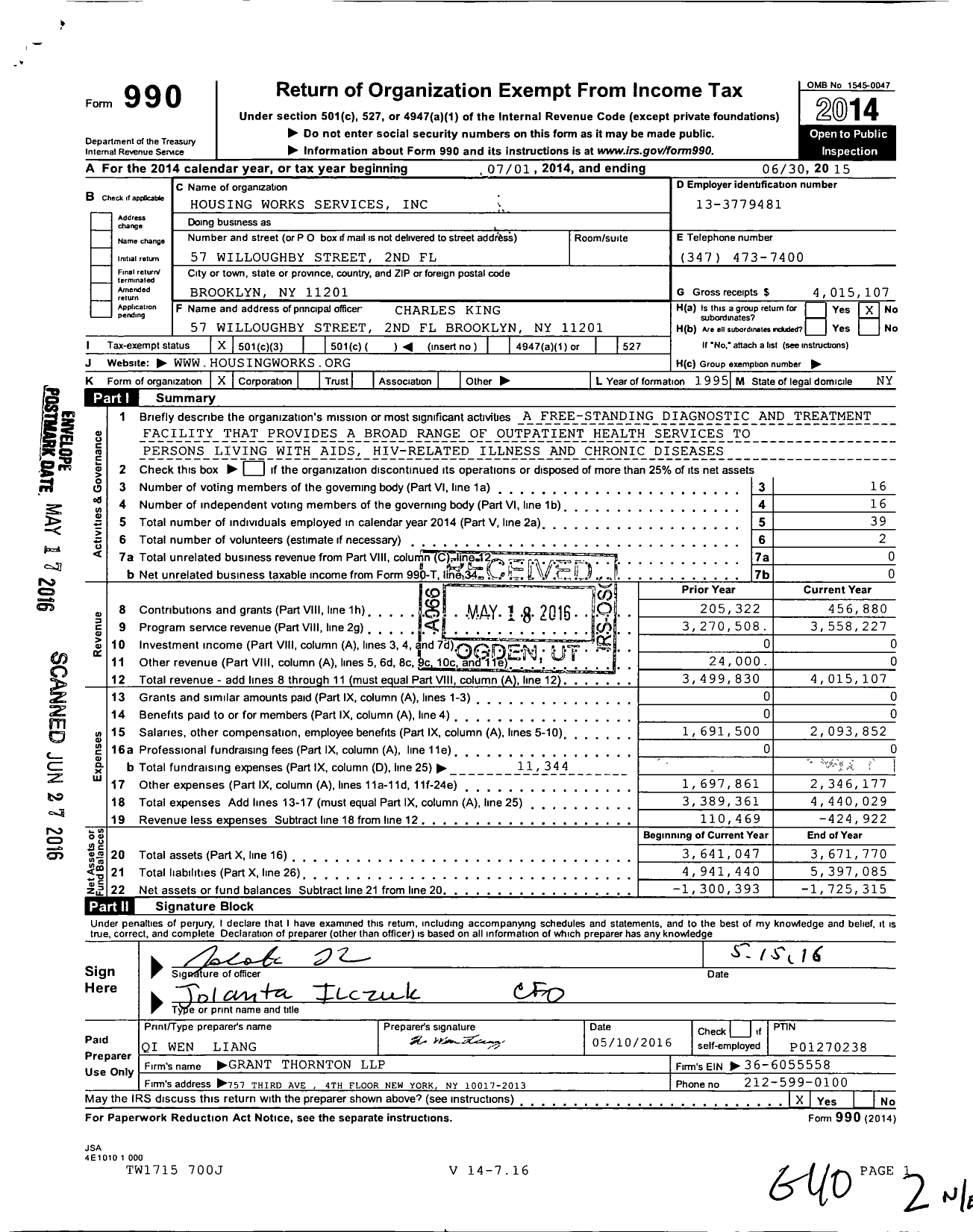 Image of first page of 2014 Form 990 for Housing Works Services