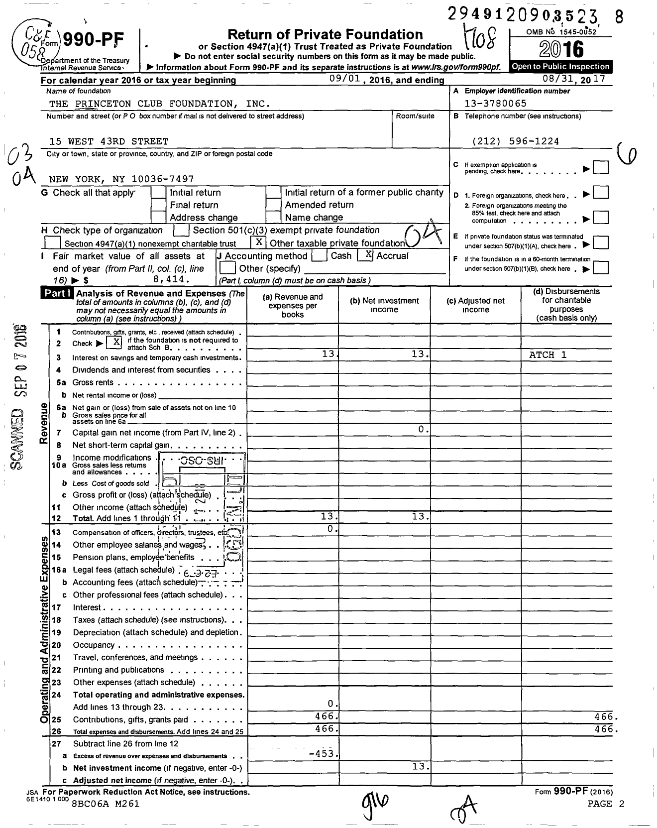 Image of first page of 2016 Form 990PF for The Princeton Club Foundation