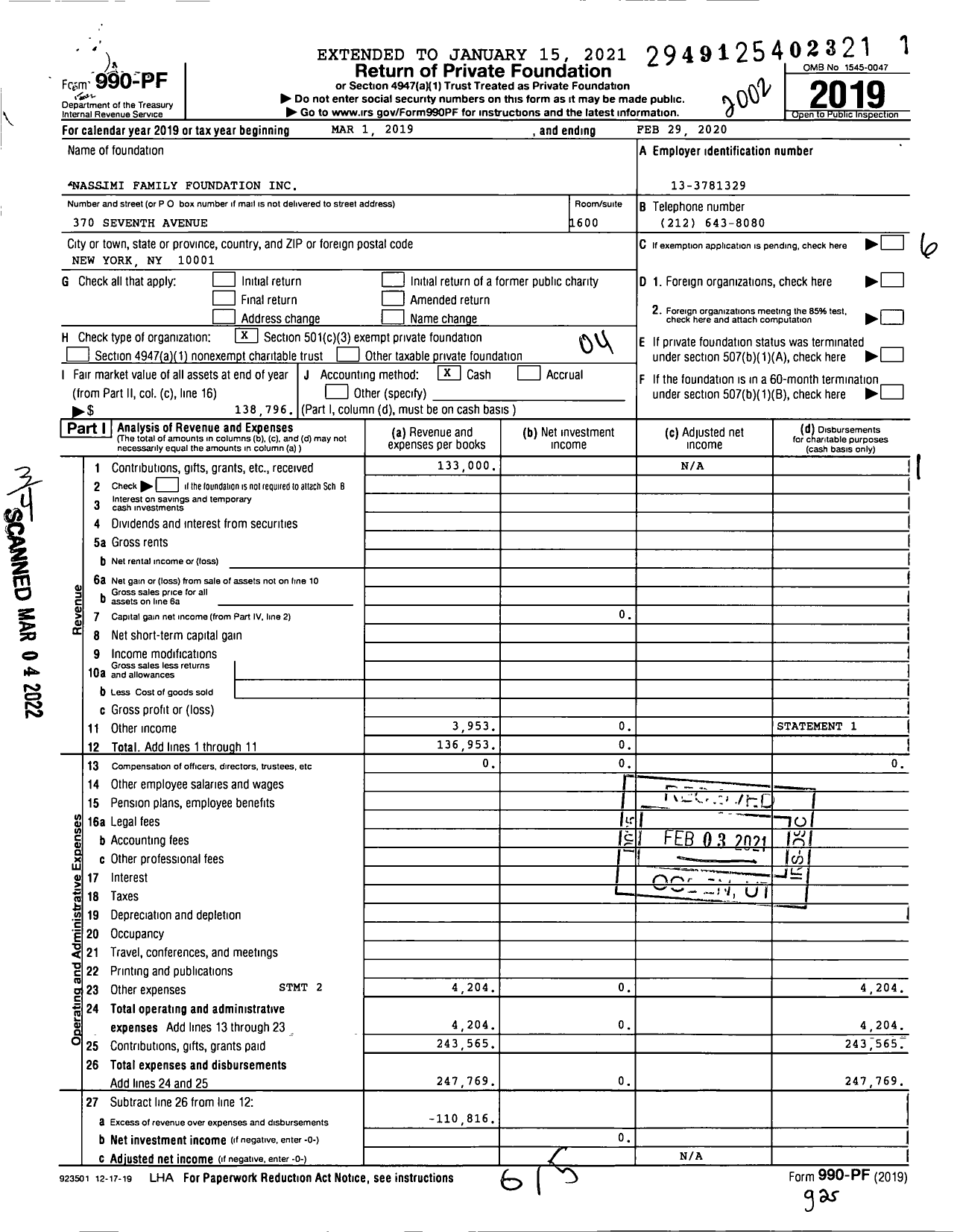 Image of first page of 2019 Form 990PF for Nassimi Family Foundation