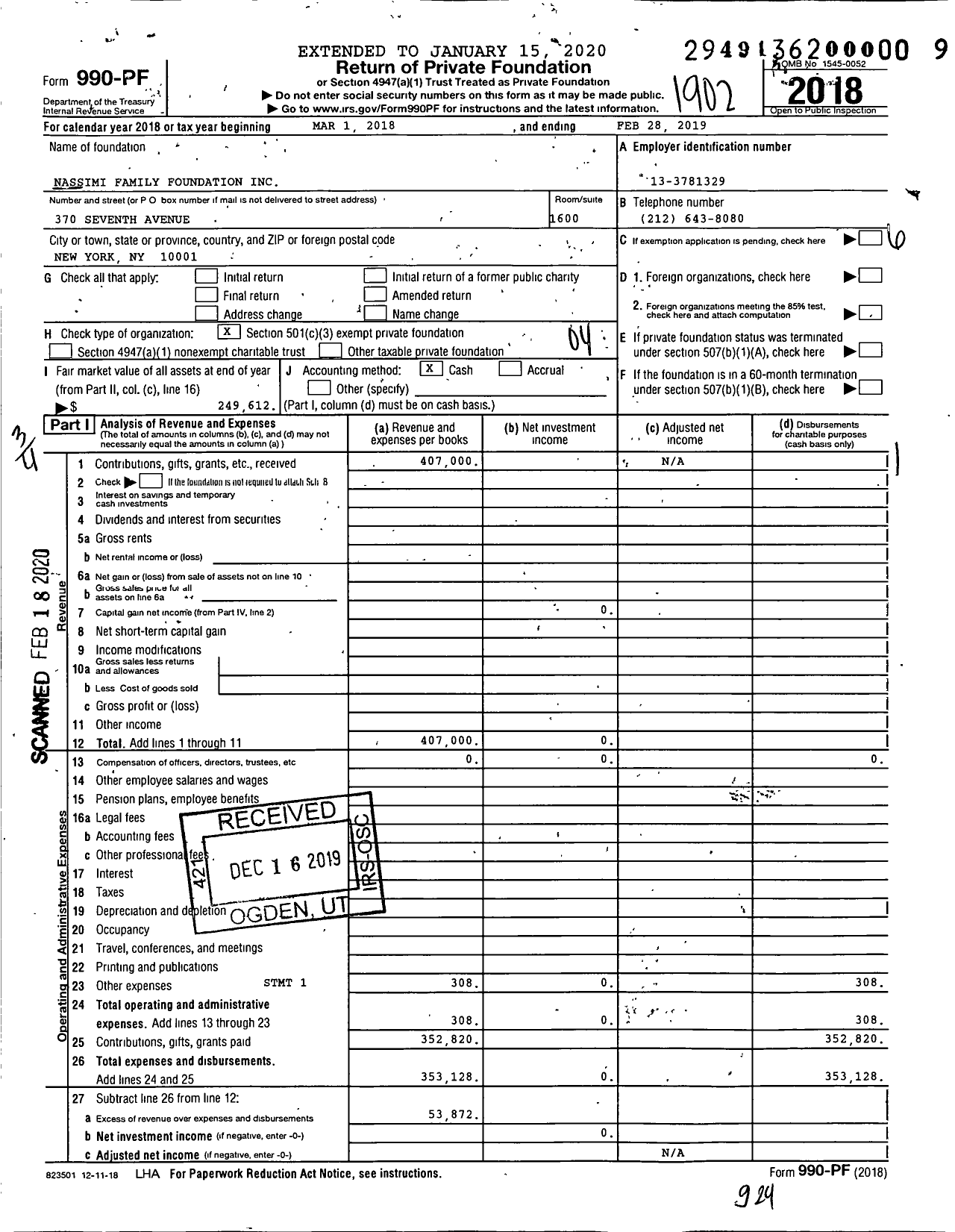 Image of first page of 2018 Form 990PF for Nassimi Family Foundation