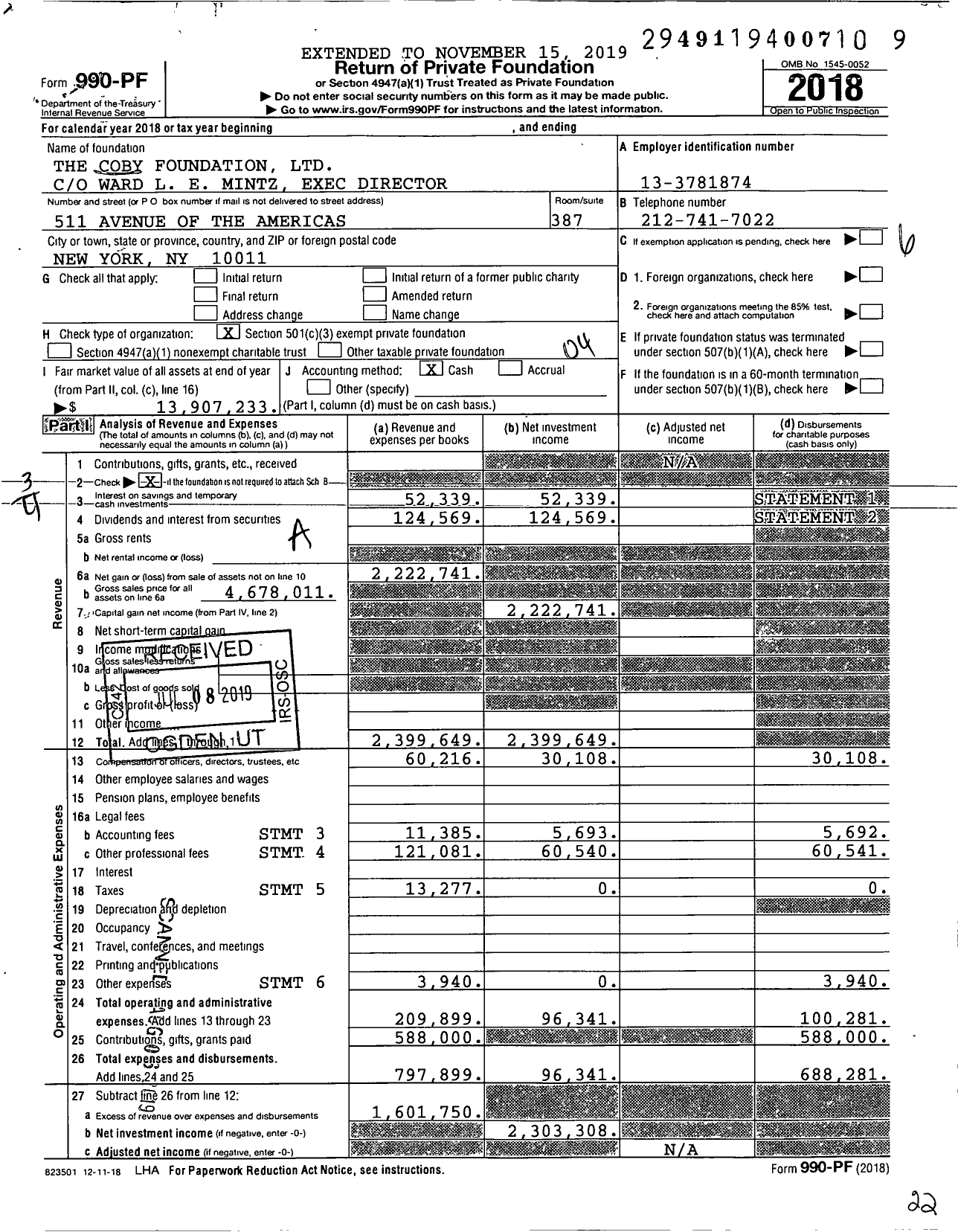 Image of first page of 2018 Form 990PF for The Coby Foundation