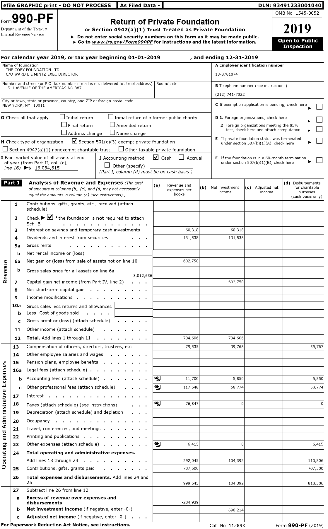 Image of first page of 2019 Form 990PR for The Coby Foundation