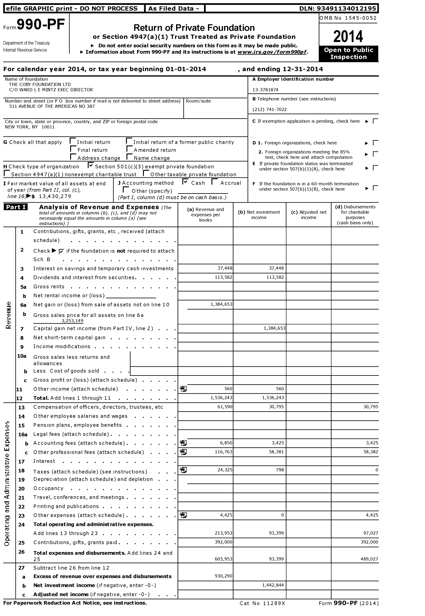 Image of first page of 2014 Form 990PF for The Coby Foundation