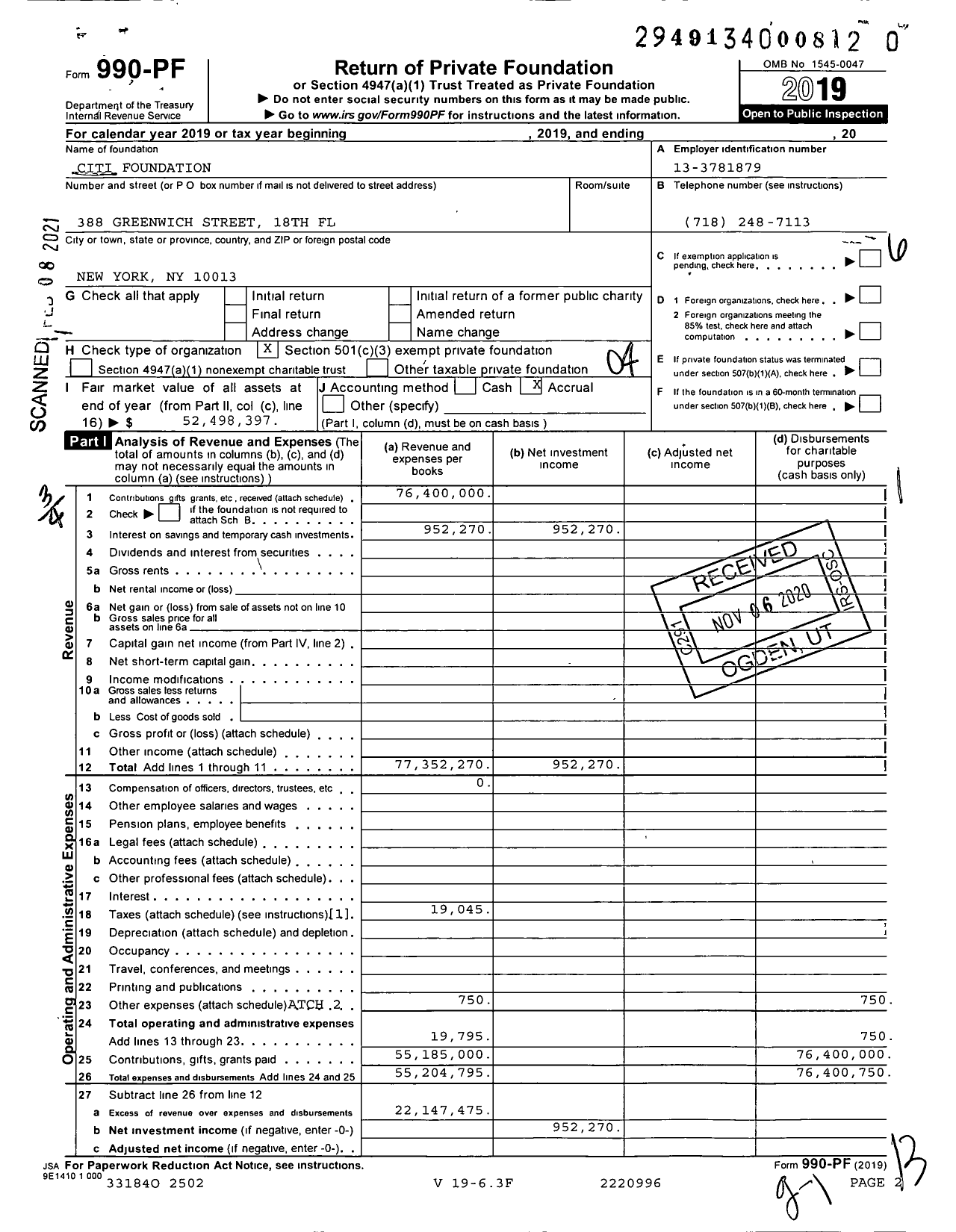 Image of first page of 2019 Form 990PF for Citi Foundation