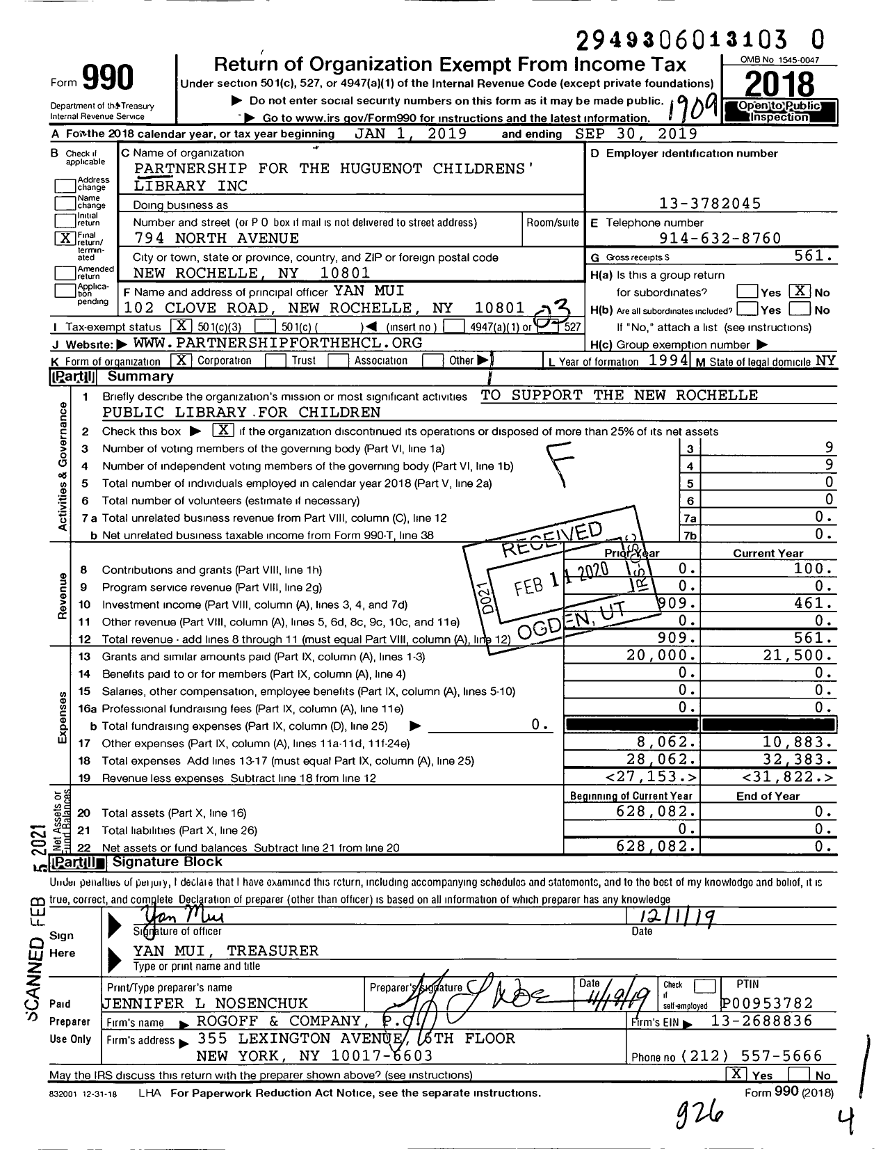 Image of first page of 2018 Form 990 for Partnership for the Huguenot Childrens' Library