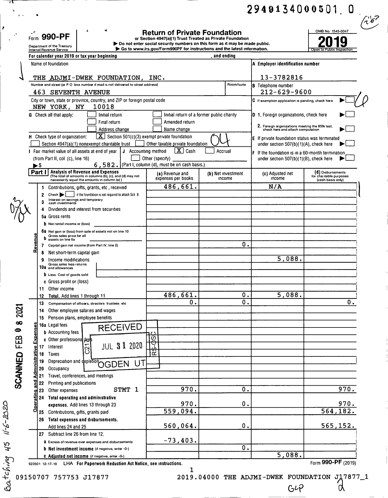 Image of first page of 2019 Form 990PF for The Adjmi-Dwek Foundation