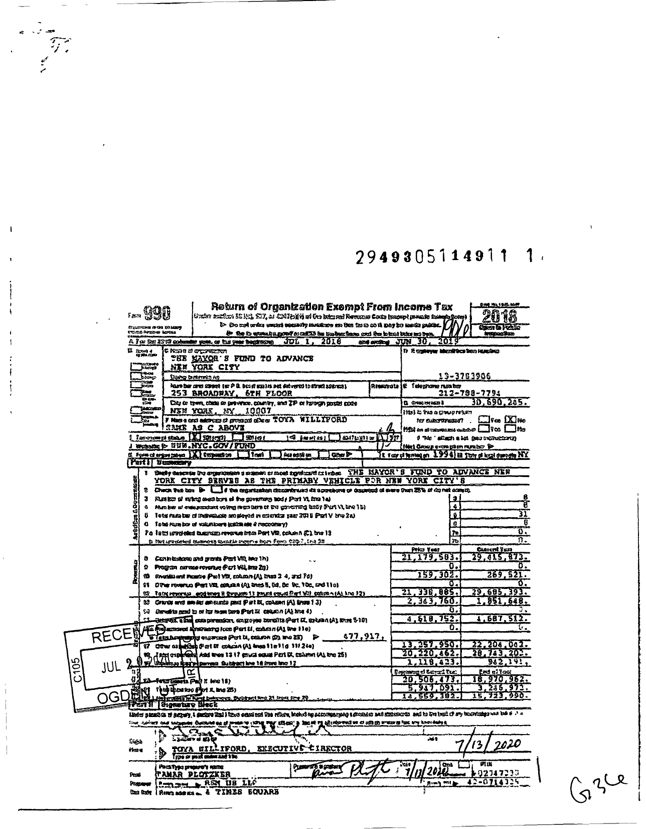 Image of first page of 2018 Form 990 for The Mayor's Fund To Advance New York City