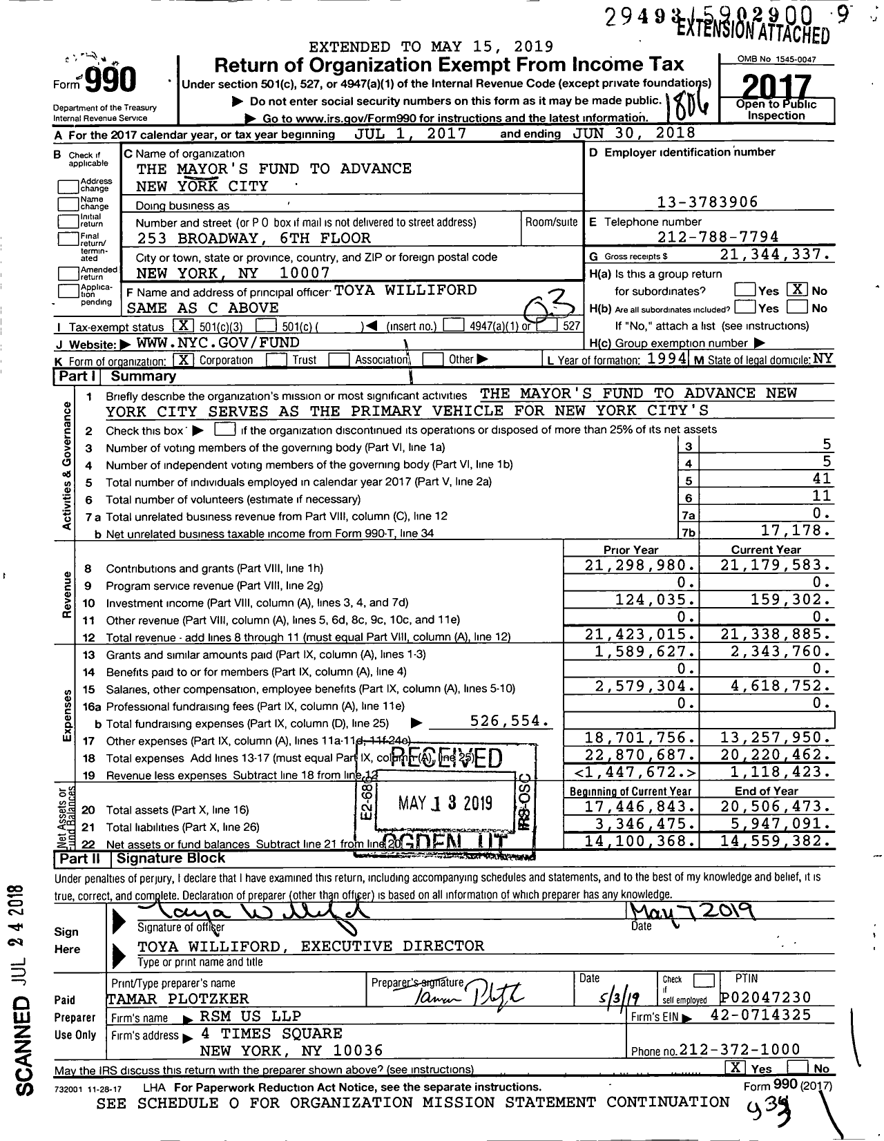 Image of first page of 2017 Form 990 for The Mayor's Fund To Advance New York City