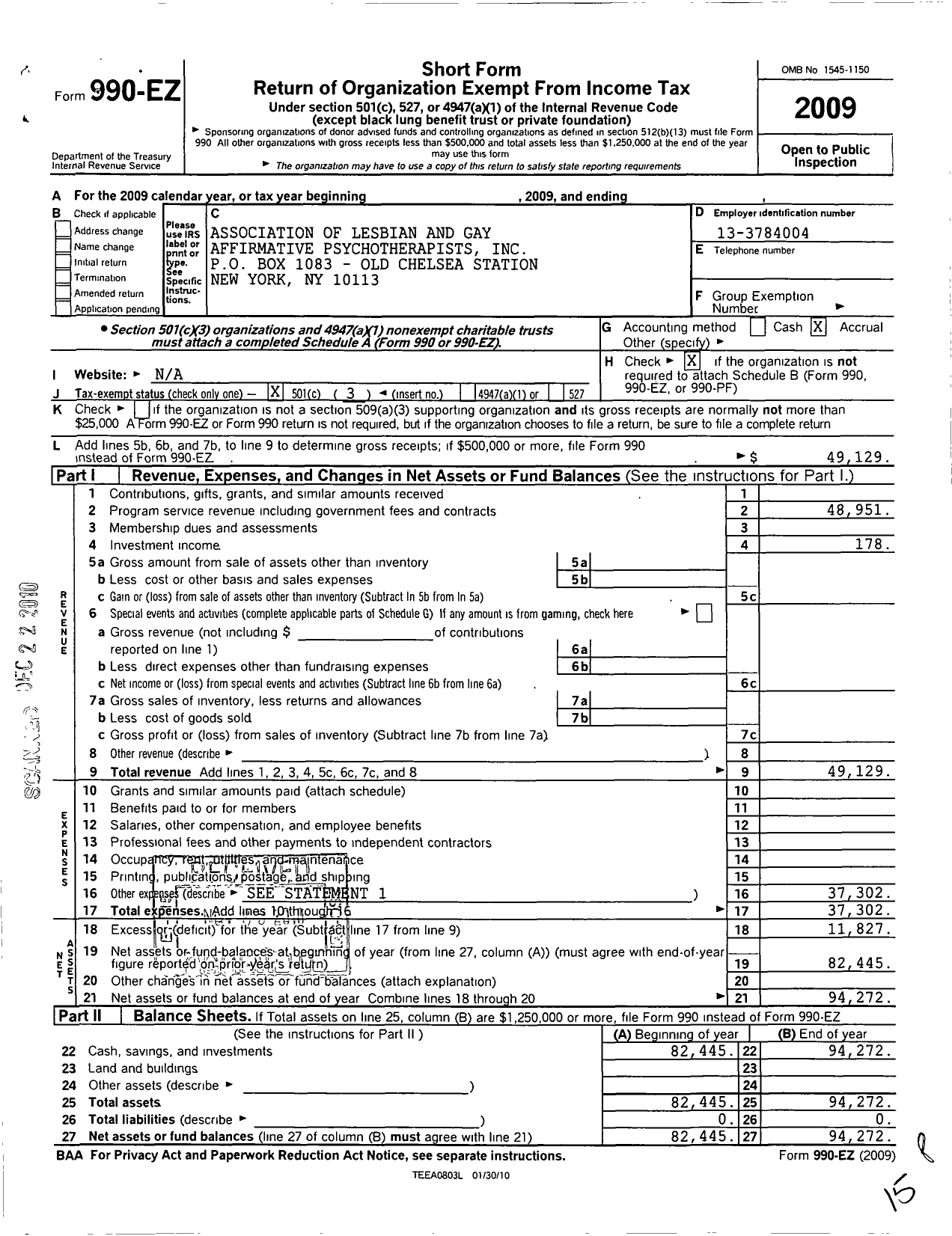 Image of first page of 2009 Form 990EZ for Association of Lesbian and Gay Affirmative Psychotherapists