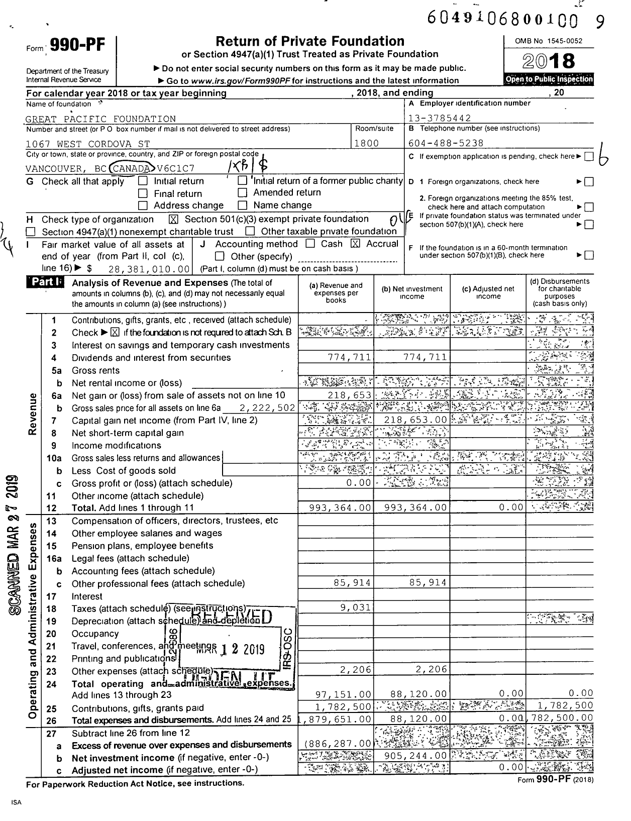 Image of first page of 2018 Form 990PF for Great Pacific Foundation