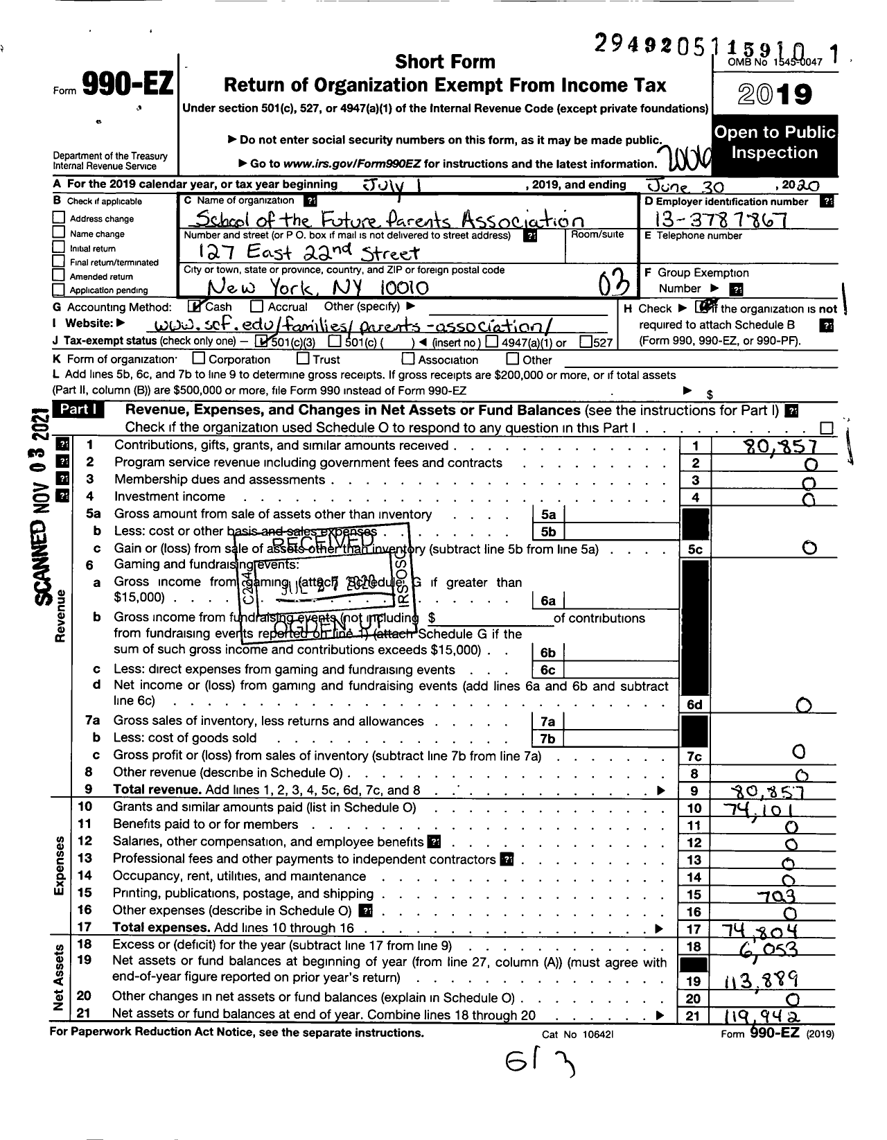 Image of first page of 2019 Form 990EZ for School of the Future Parents Association