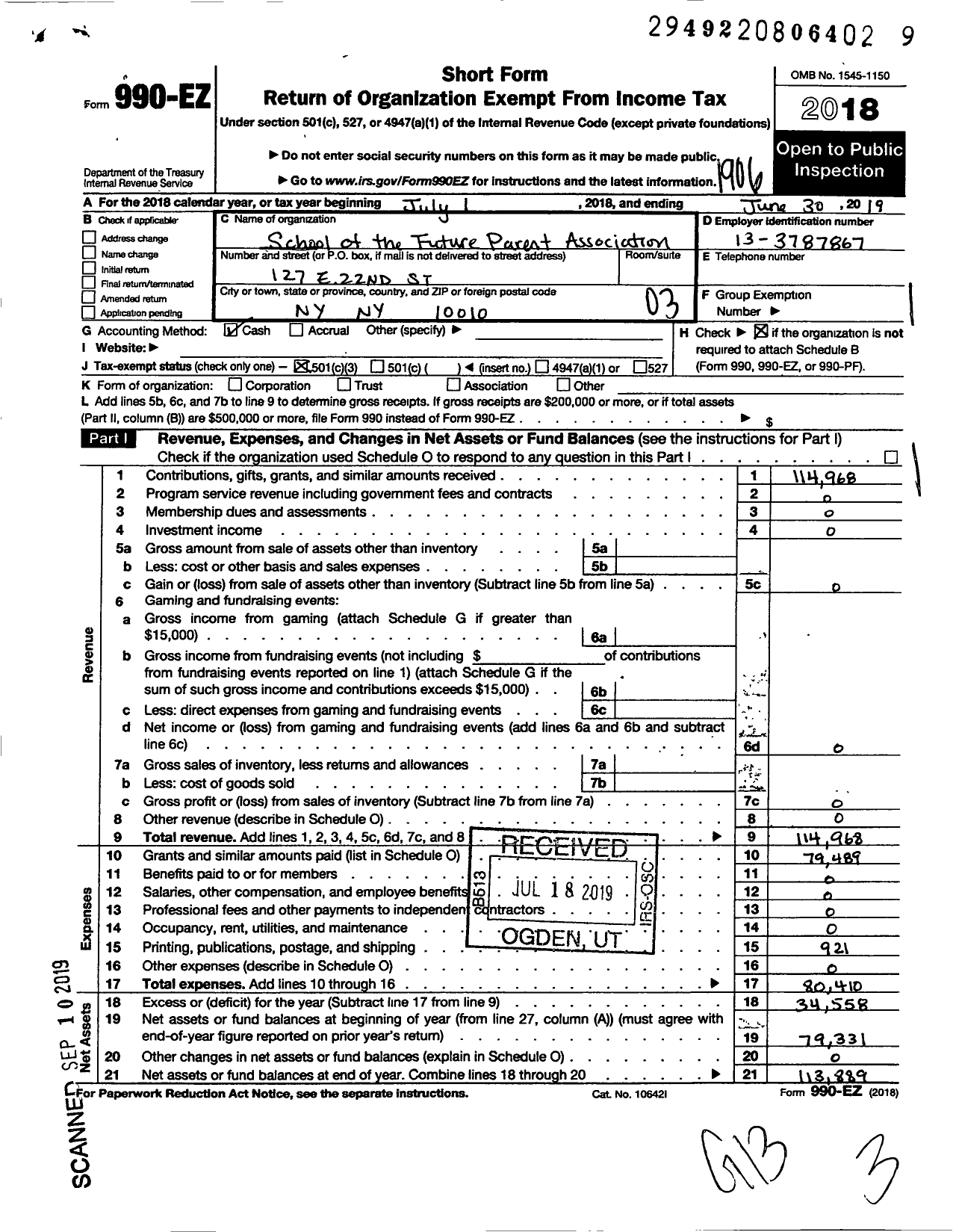 Image of first page of 2018 Form 990EZ for School of the Future Parents Association