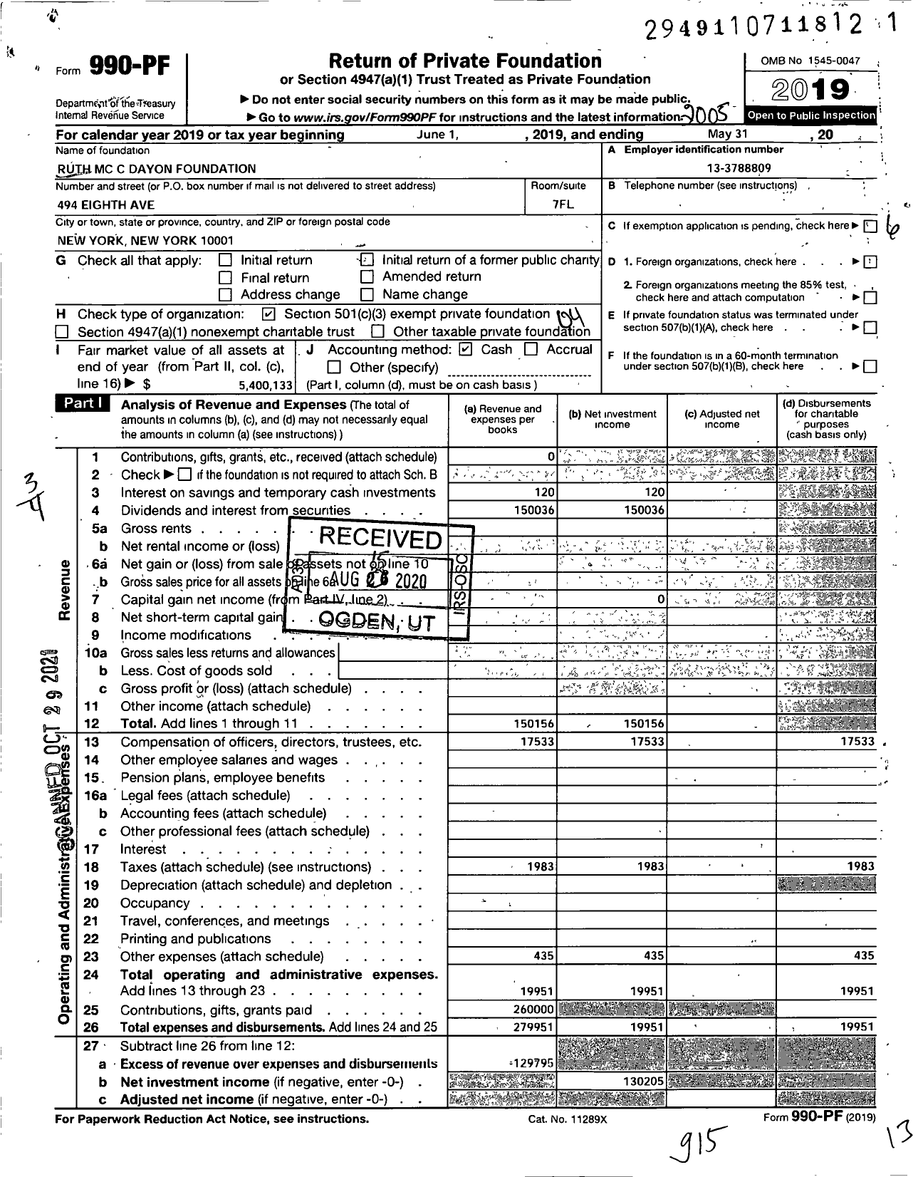 Image of first page of 2019 Form 990PF for Ruth MCC Dayton Foundation