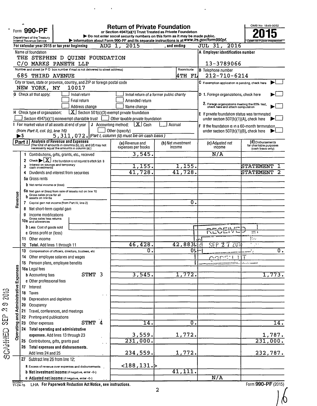 Image of first page of 2015 Form 990PF for The Stephen D Quinn Foundation