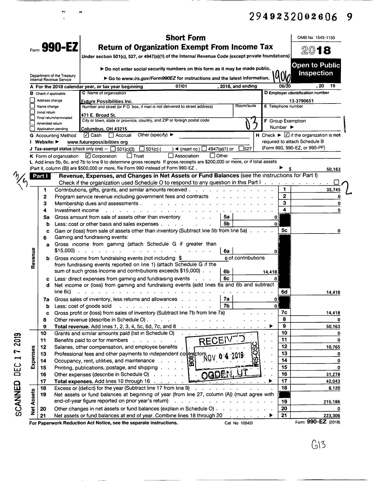 Image of first page of 2018 Form 990EZ for Future Possibilities