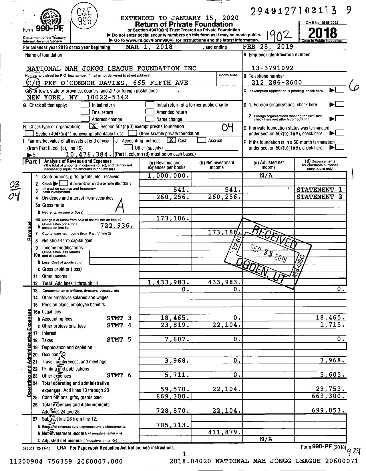 Image of first page of 2018 Form 990PF for National Mah Jongg League Foundation