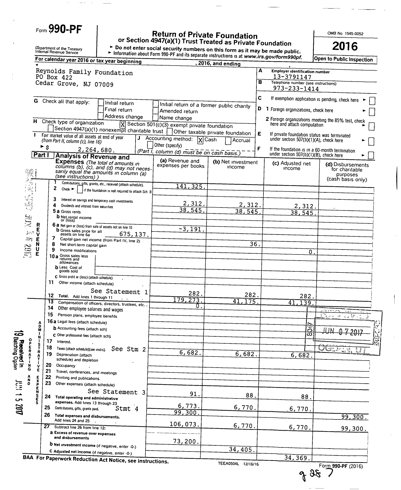 Image of first page of 2016 Form 990PF for Reynolds Family Foundation
