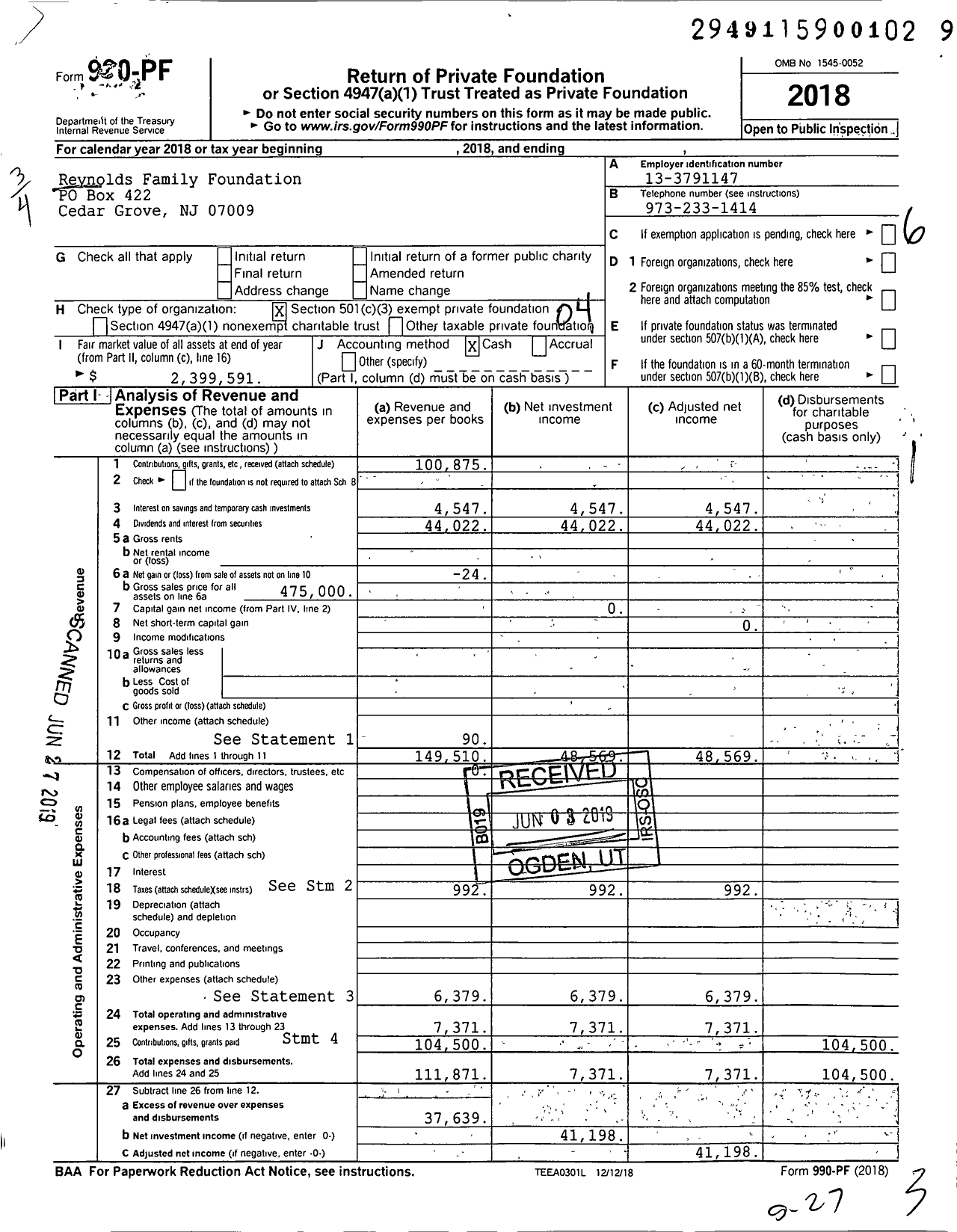 Image of first page of 2018 Form 990PF for Reynolds Family Foundation