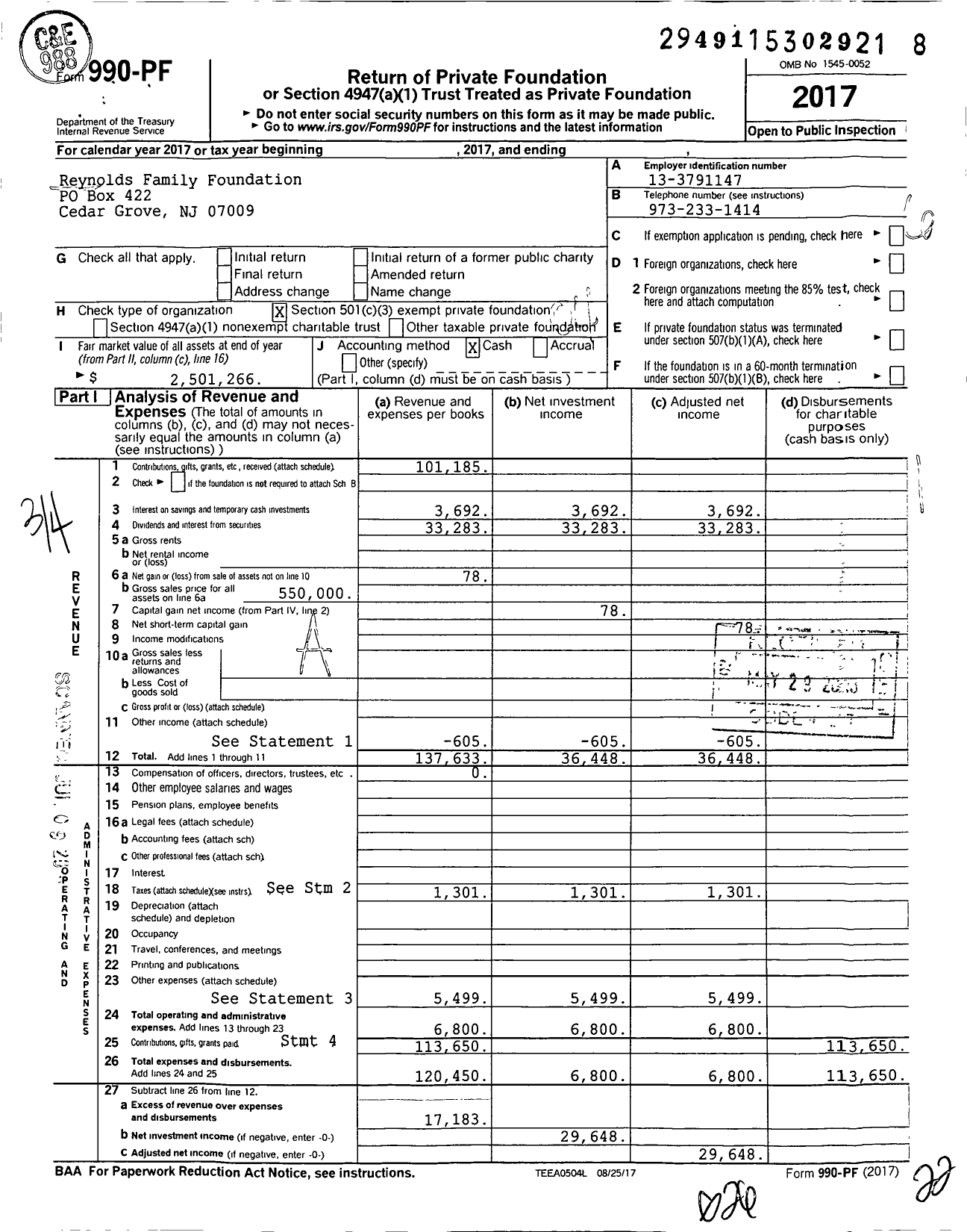 Image of first page of 2017 Form 990PF for Reynolds Family Foundation