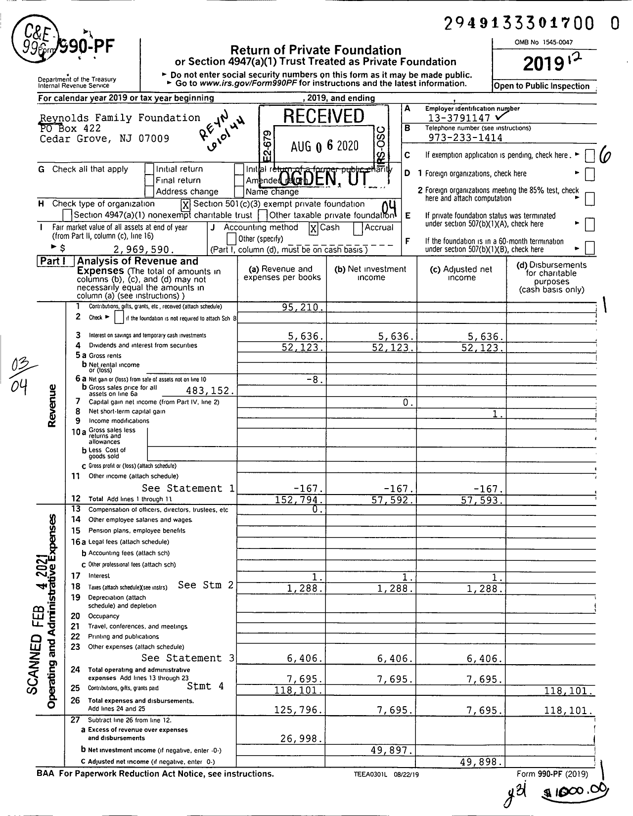 Image of first page of 2019 Form 990PF for Reynolds Family Foundation