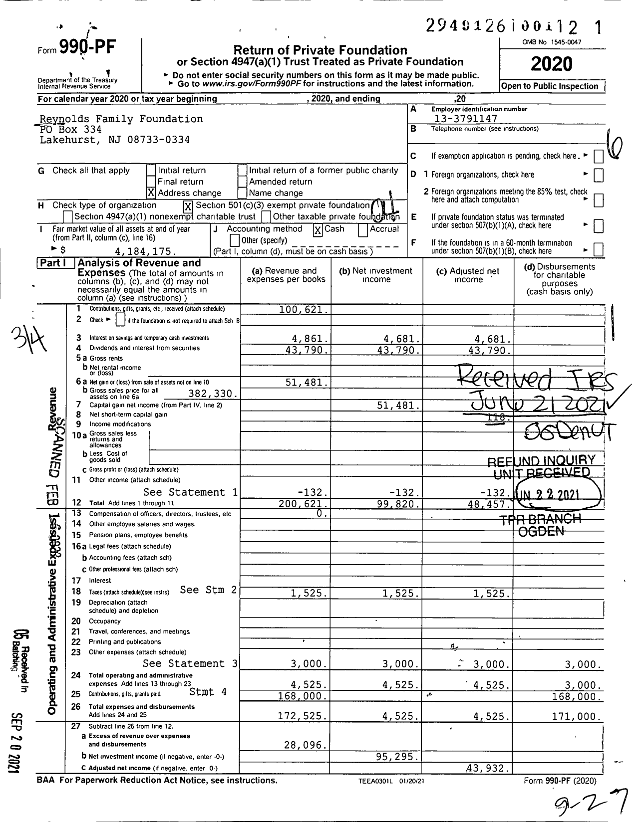 Image of first page of 2020 Form 990PF for Reynolds Family Foundation