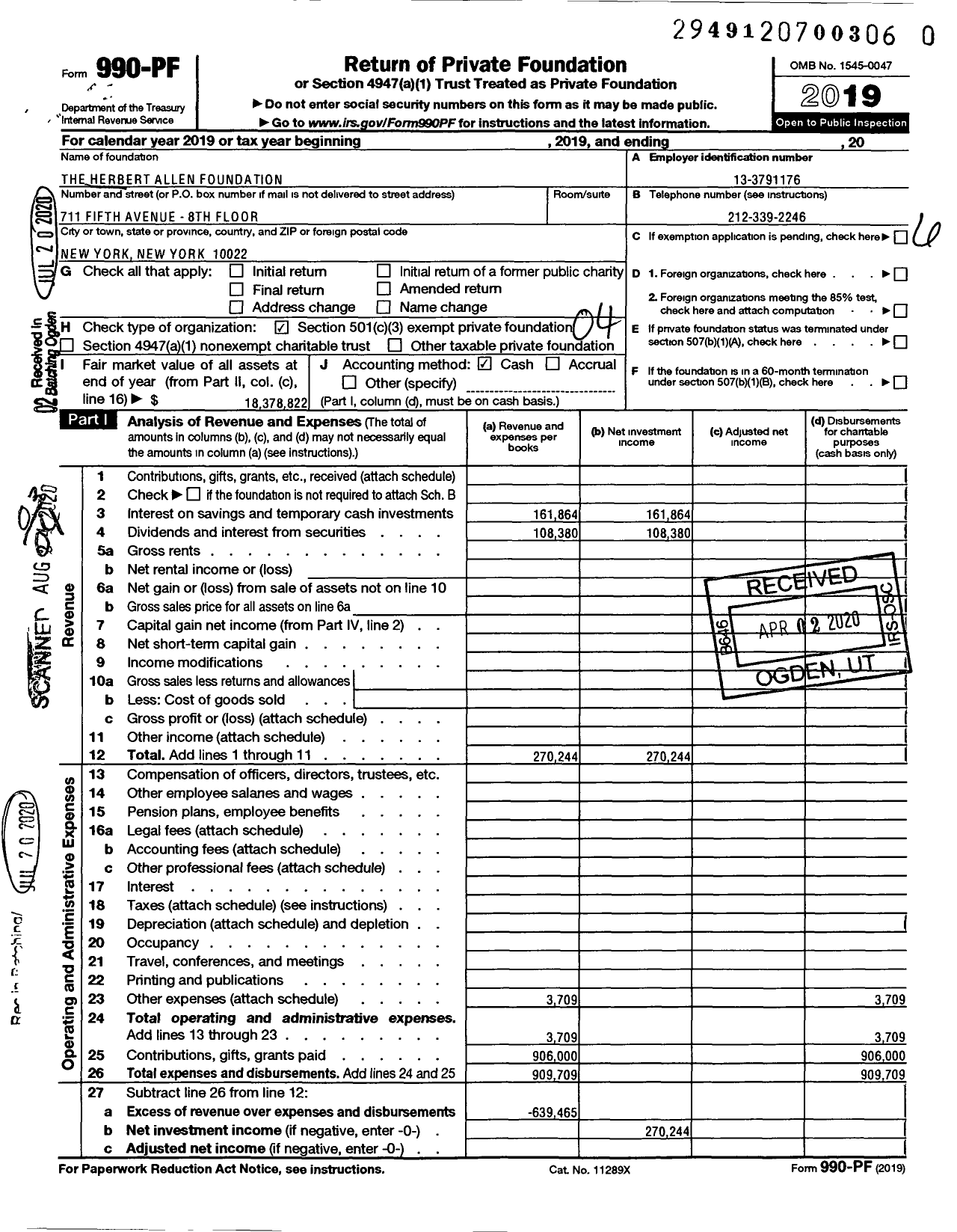 Image of first page of 2019 Form 990PR for Herbert Allen Foundation