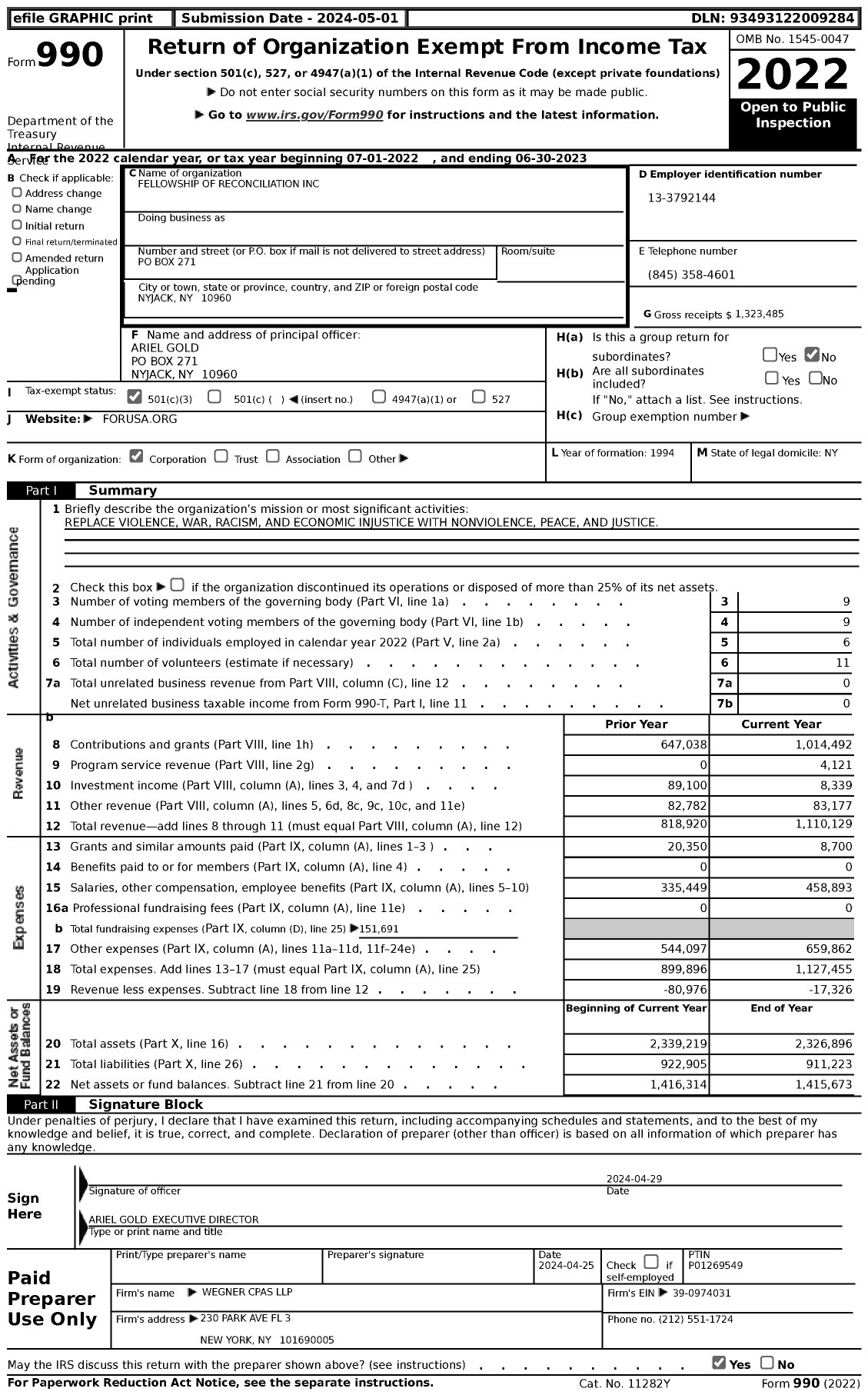 Image of first page of 2022 Form 990 for Fellowship of Reconciliation (FORUSA)