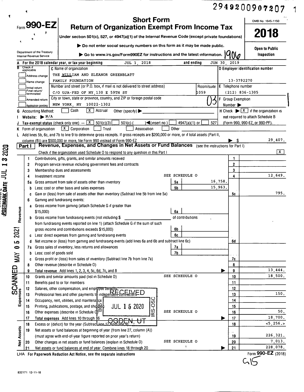 Image of first page of 2018 Form 990EZ for The William and Eleanor Greenblatt Family Foundation