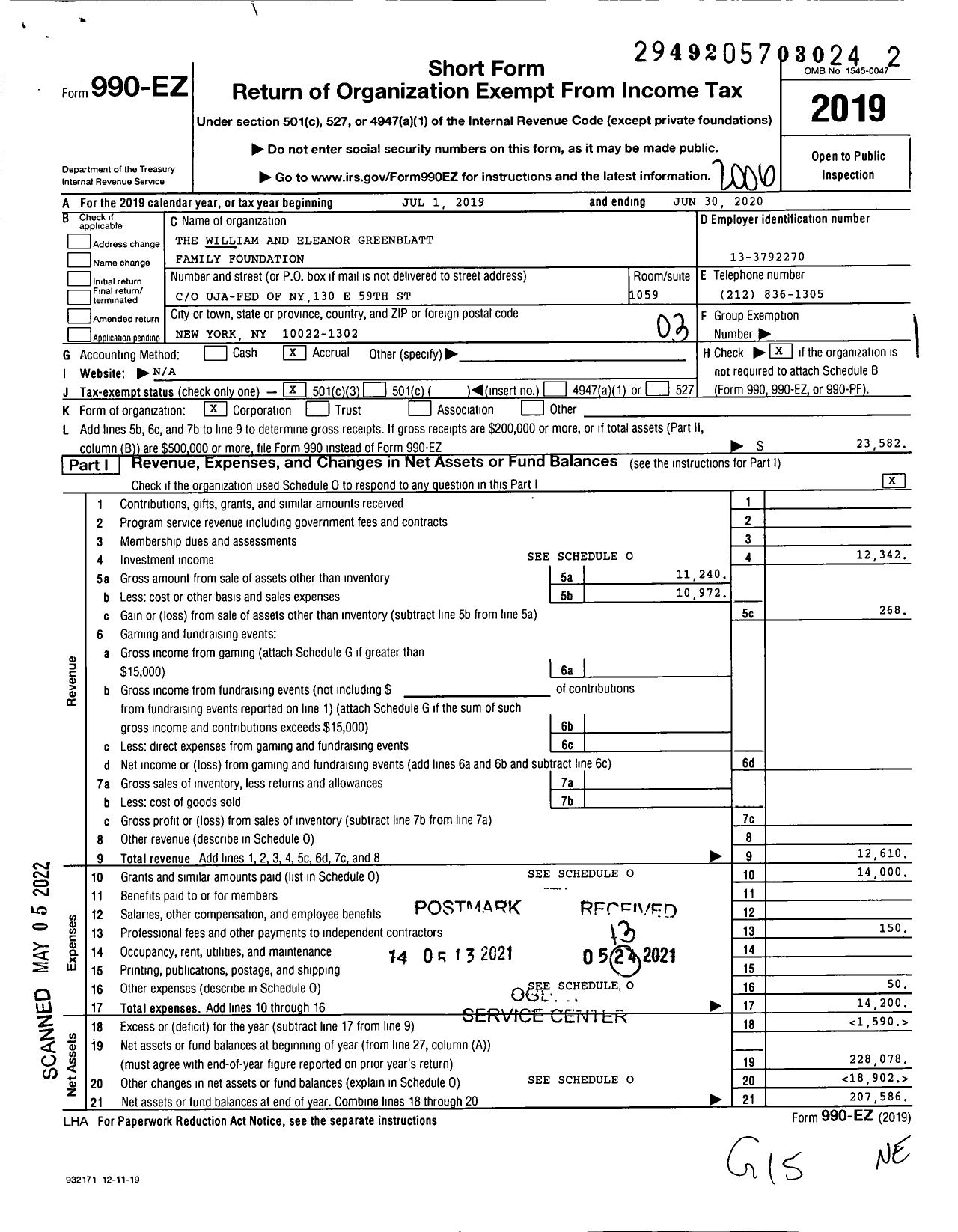 Image of first page of 2019 Form 990EZ for The William and Eleanor Greenblatt Family Foundation