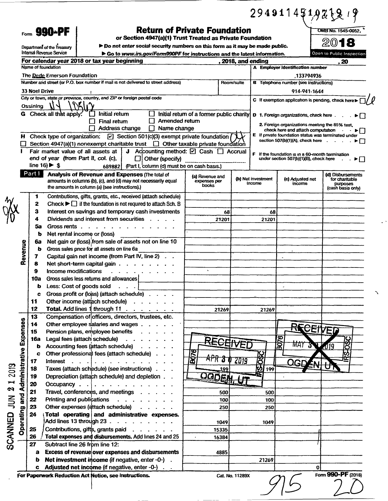 Image of first page of 2018 Form 990PF for Dede Emerson Foundation