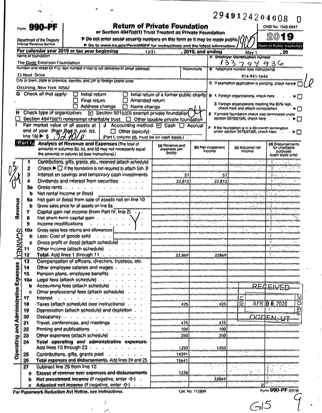 Image of first page of 2018 Form 990PR for Dede Emerson Foundation