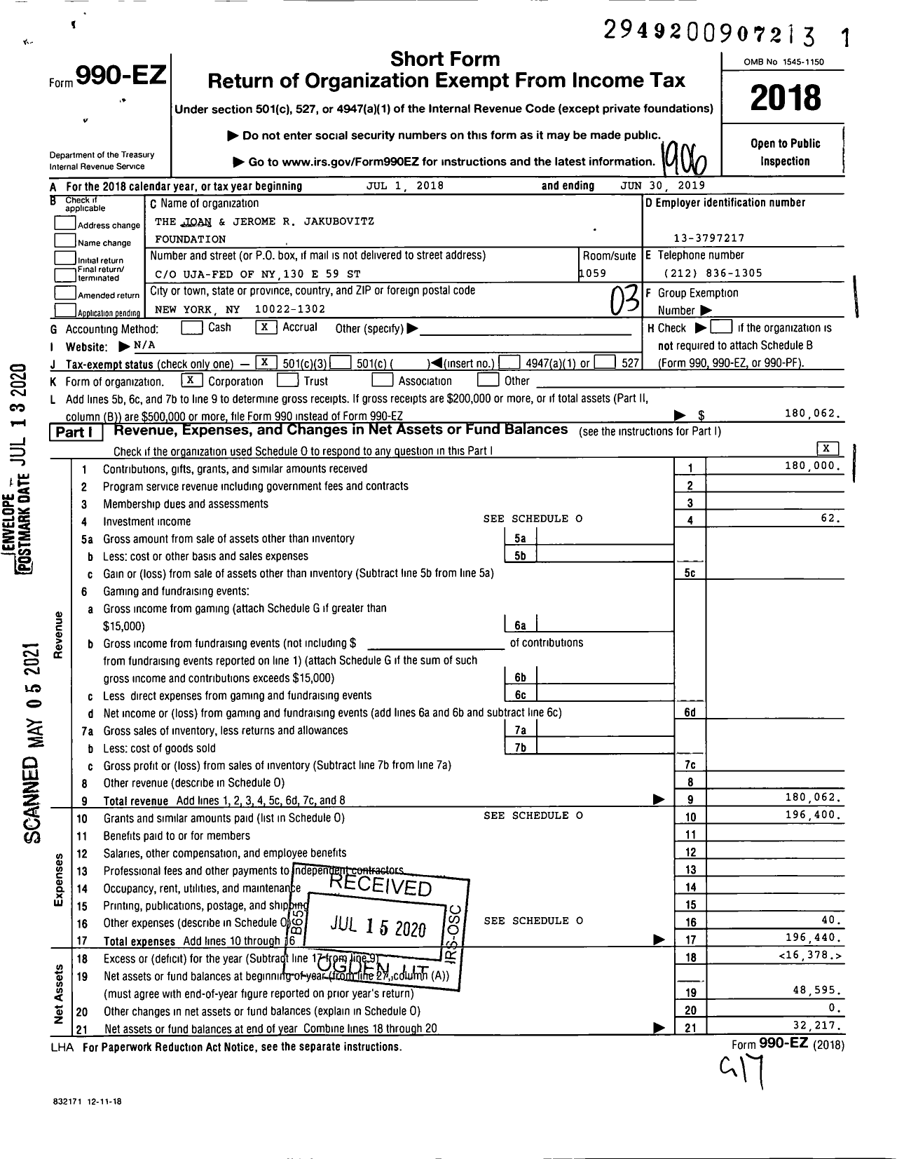 Image of first page of 2018 Form 990EZ for The Joan and Jerome R Jakubovitz Foundation