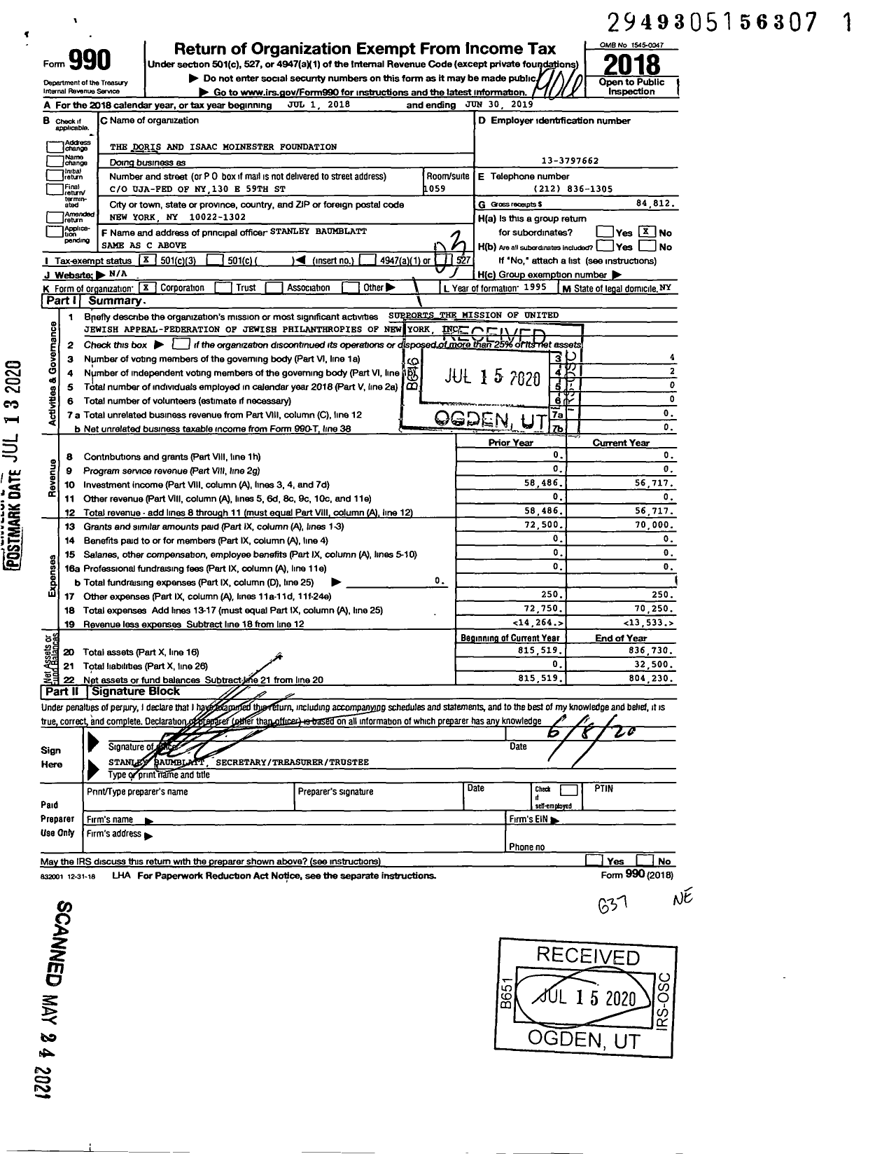 Image of first page of 2018 Form 990 for The Doris and Isaac Moinester Foundation