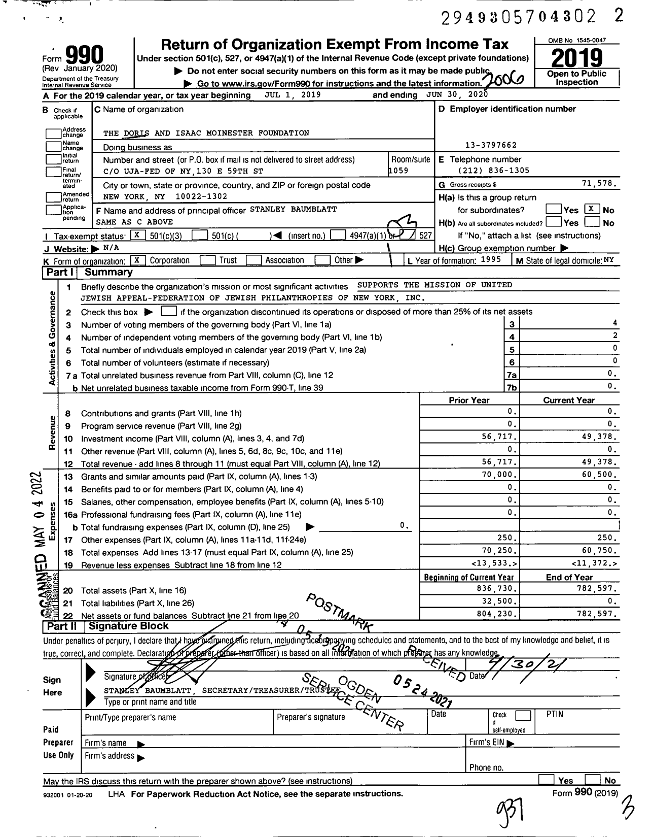 Image of first page of 2019 Form 990 for The Doris and Isaac Moinester Foundation