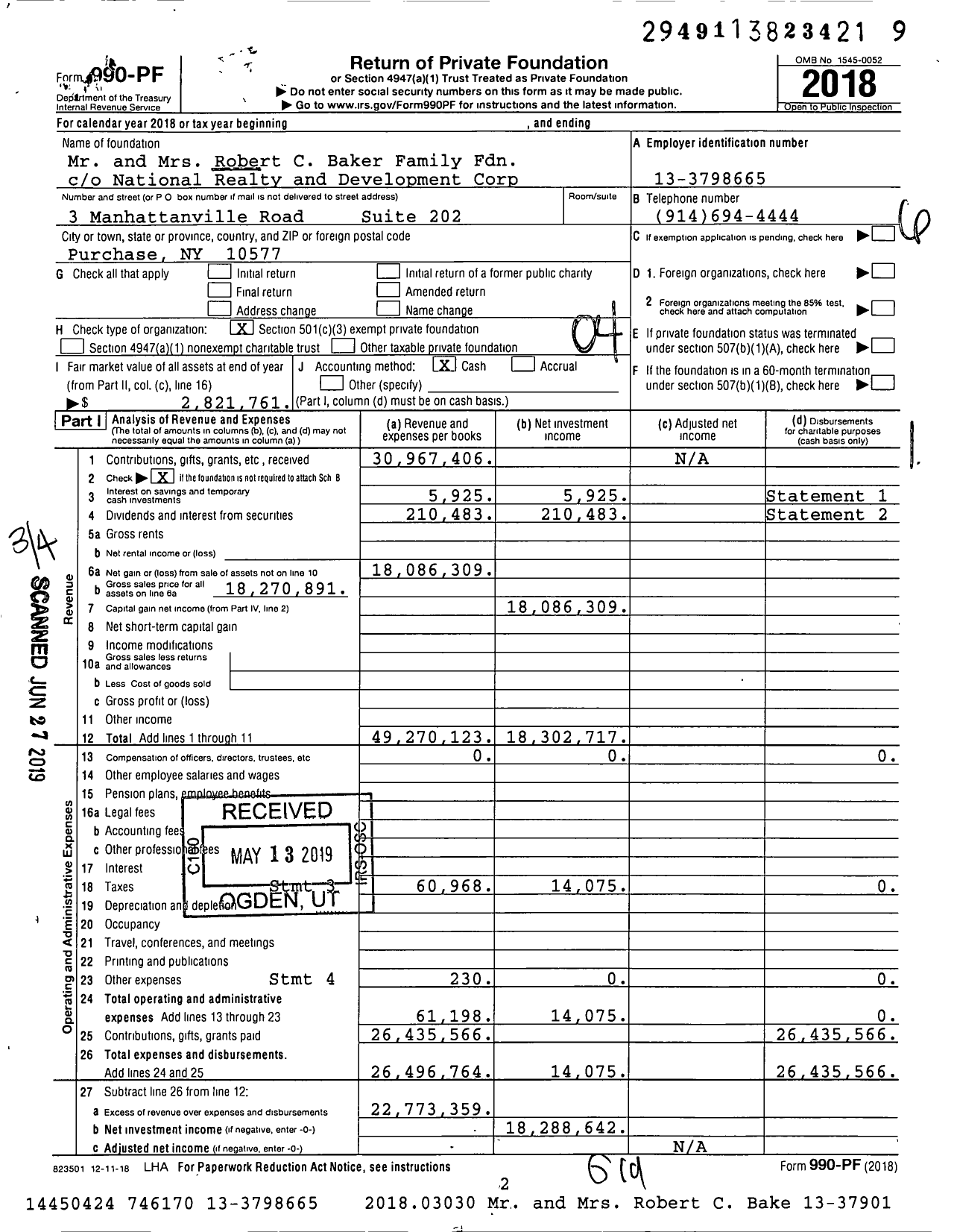 Image of first page of 2018 Form 990PF for Mr and MRS Robert C Baker Family Foundation