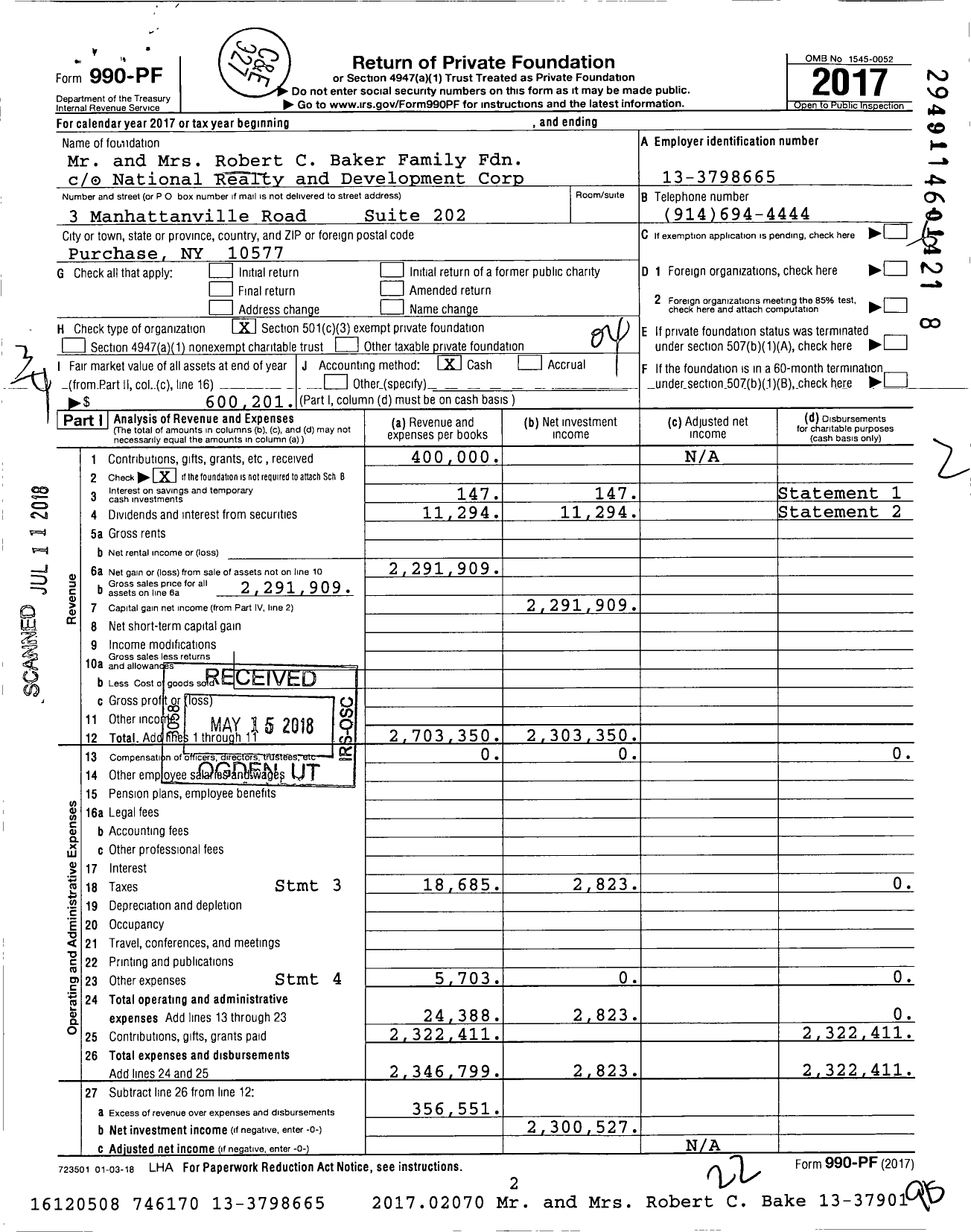 Image of first page of 2017 Form 990PF for Mr and MRS Robert C Baker Family Foundation