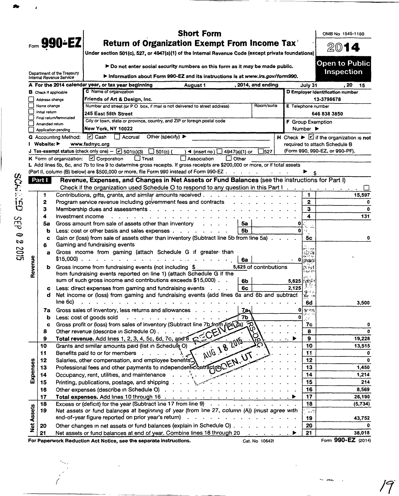 Image of first page of 2014 Form 990EZ for Friends of Art and Design