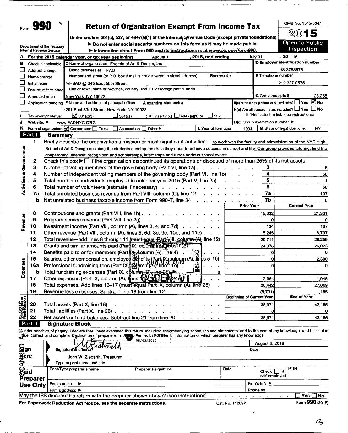 Image of first page of 2015 Form 990 for Friends of Art and Design