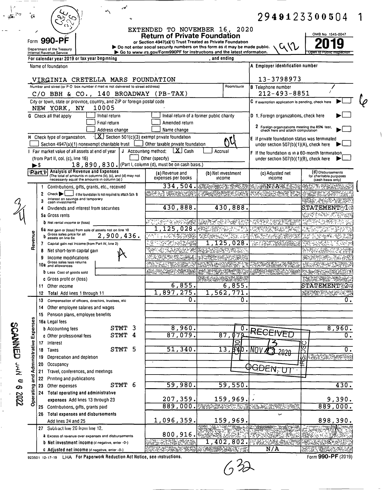 Image of first page of 2019 Form 990PF for Virginia Cretella Mars Foundation