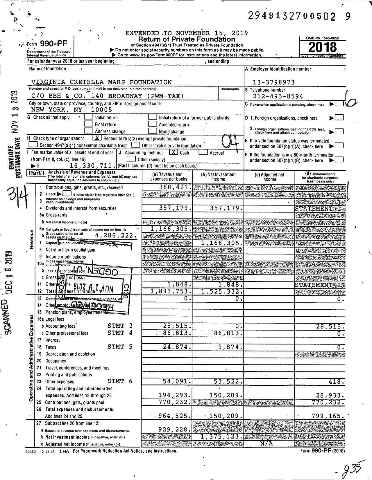 Image of first page of 2018 Form 990PF for Virginia Cretella Mars Foundation